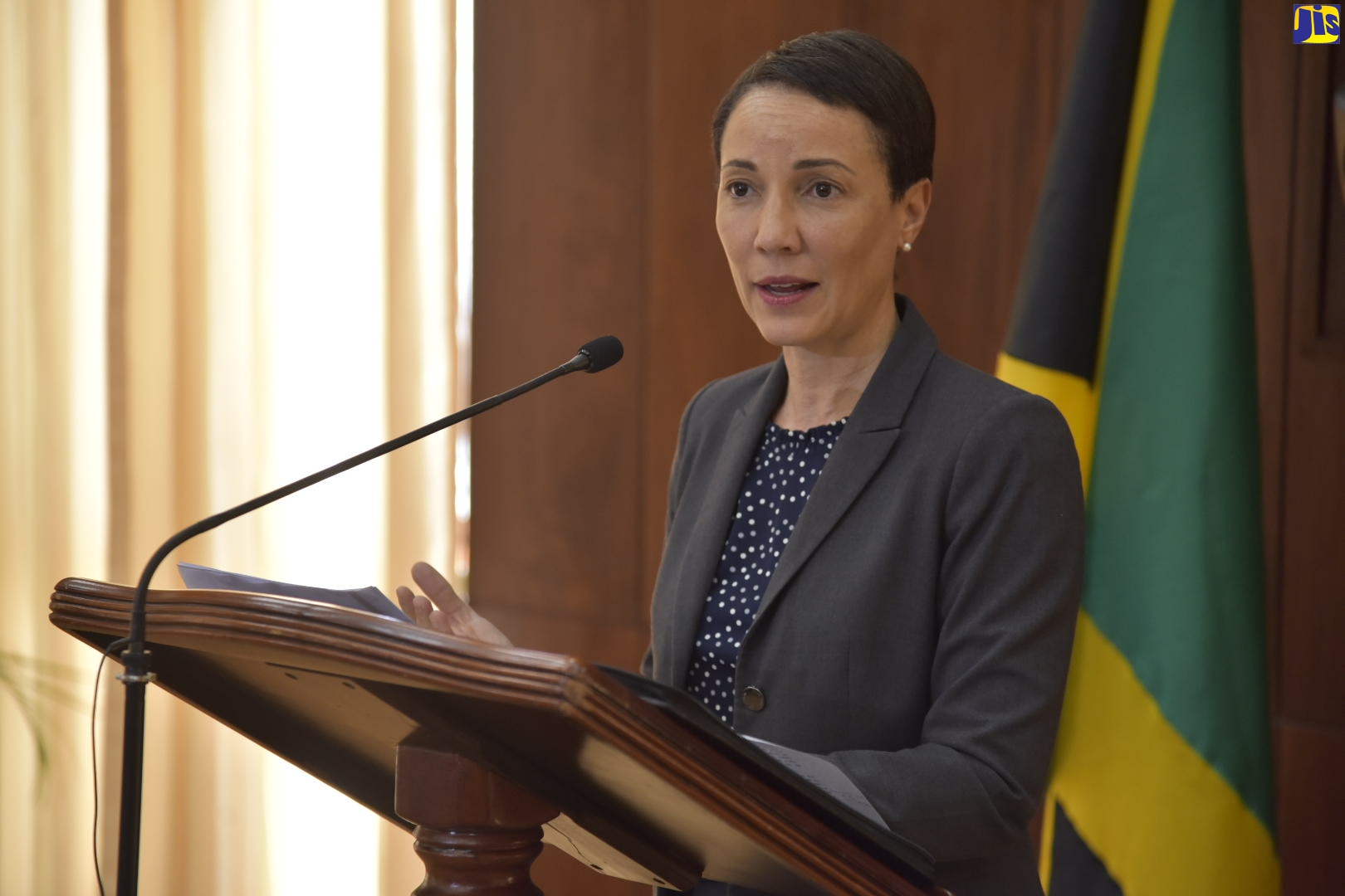 Minister of Foreign Affairs and Foreign Trade, Senator the Hon. Kamina Johnson Smith, speaking at a press conference on Thursday (March 12) at the Office of the Prime Minister in Kingston.