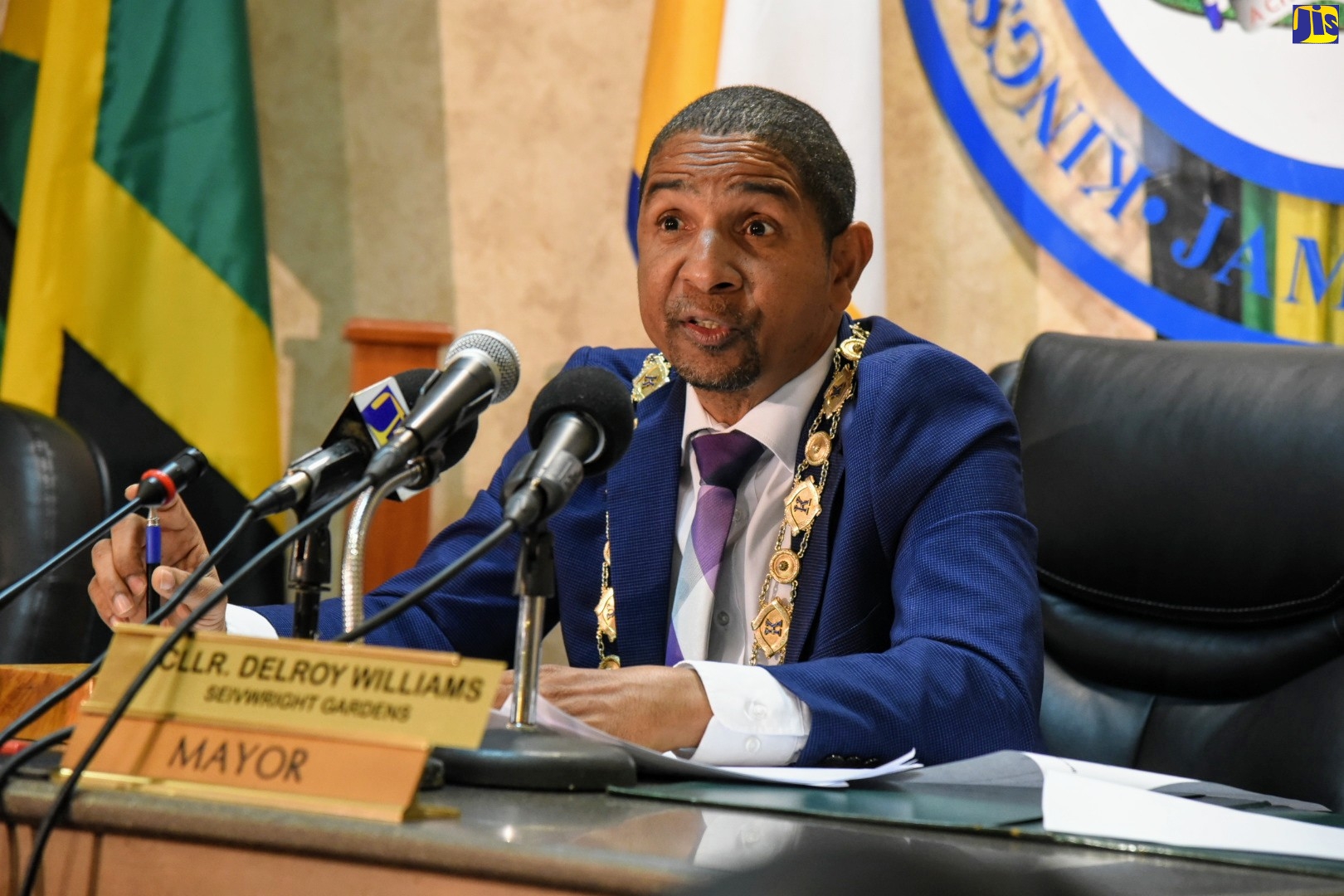 Mayor of Kingston, Senator Councillor Delroy Williams, addresses a recent sitting of the Council at the Kingston and St. Andrew Municipal Corporation (KSAMC).