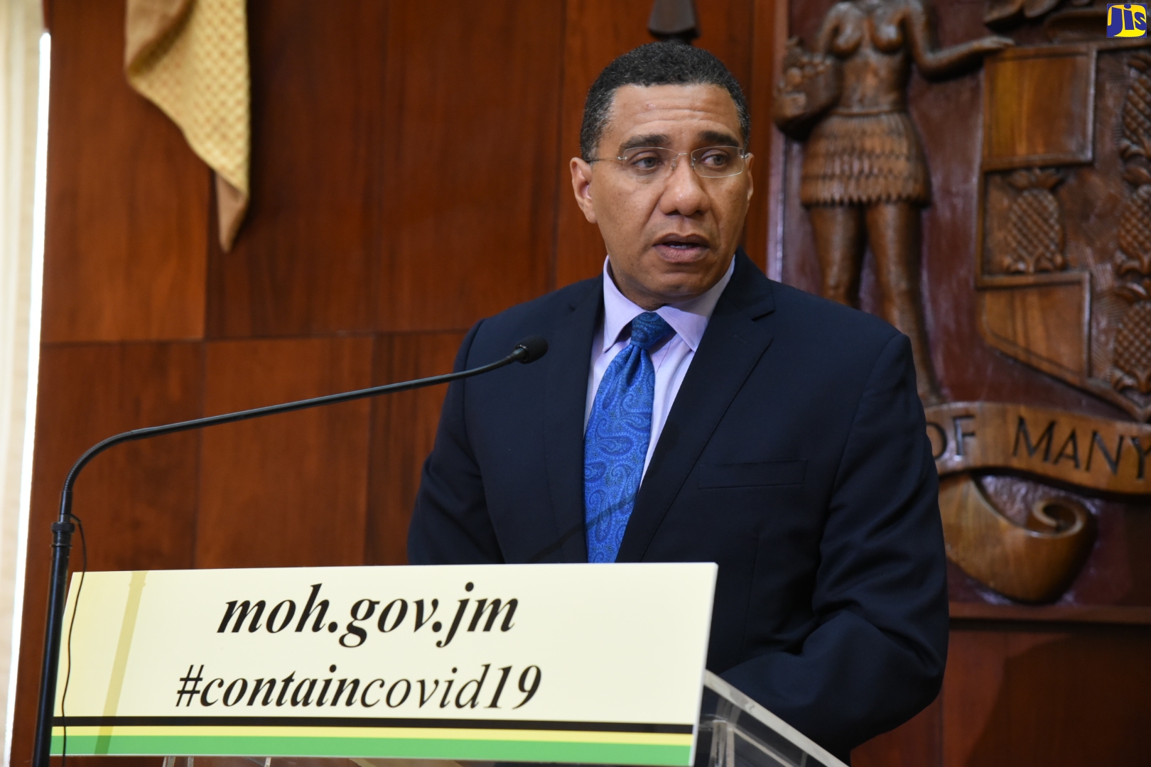 Prime Minister, the Most Hon. Andrew Holness, addressing a press briefing at Jamaica House on Monday (March 16).