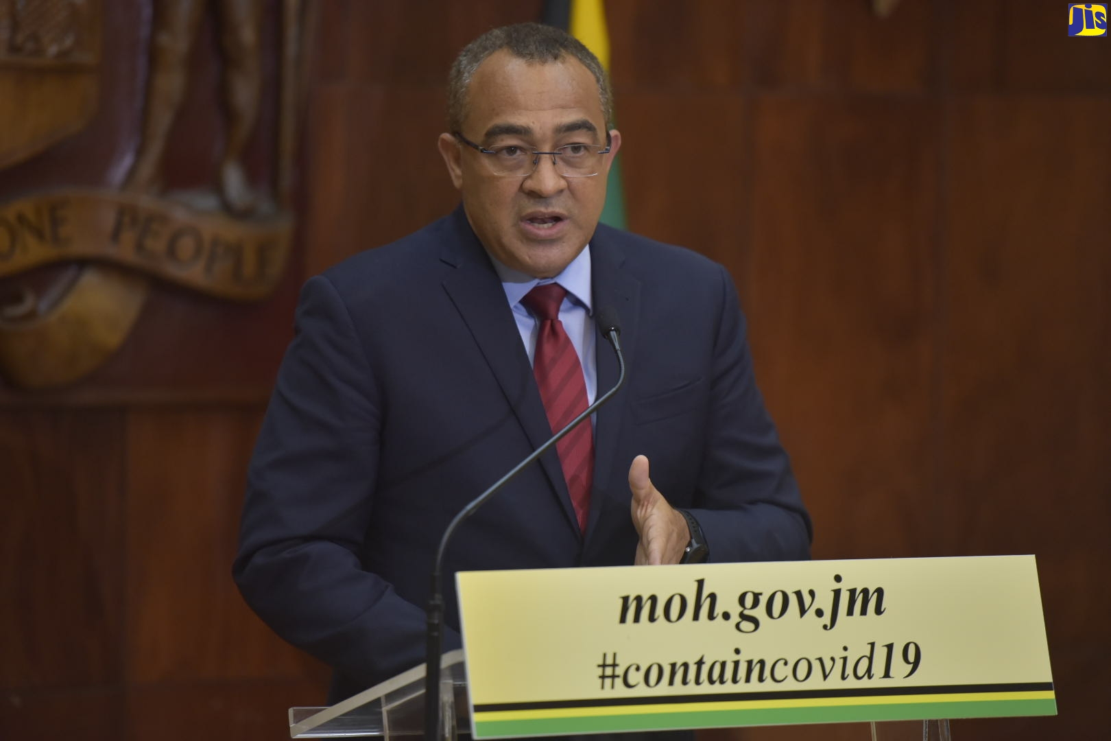 Minister of Health and Wellness, Dr. the Hon. Christopher Tufton, addresses the nation during a press conference at Jamaica House, on Monday (March 30).