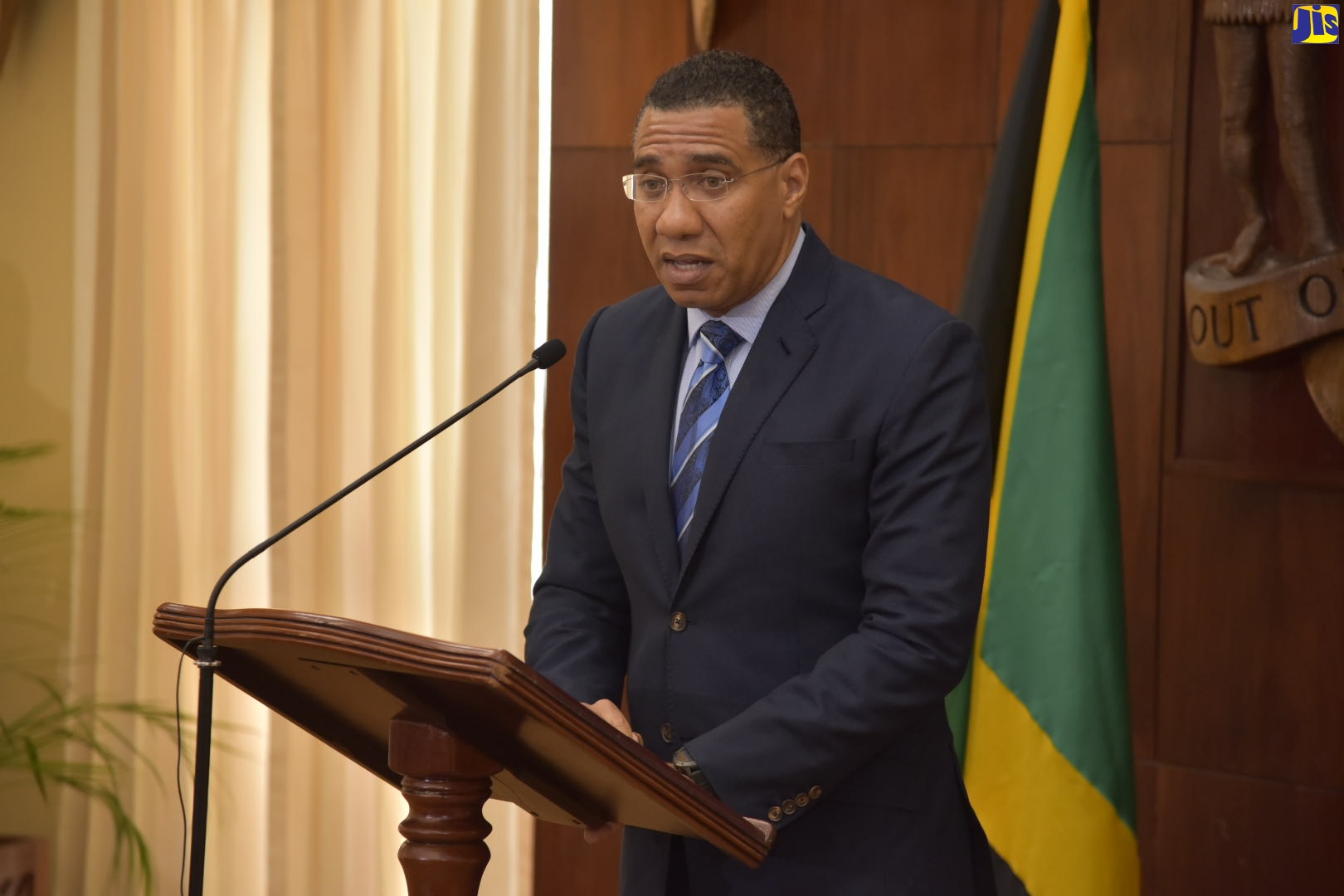 Prime Minister, the Most Hon. Andrew Holness addressing the media at a press conference at Jamaica House on Thursday (March 12).