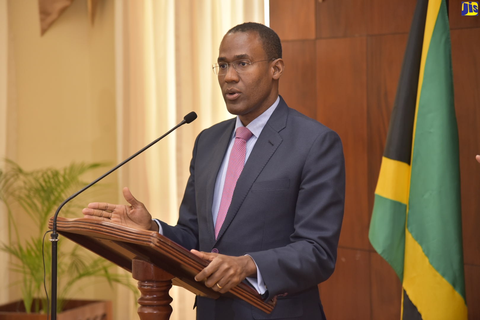 Minister of Finance and the Public Service, Dr. the Hon. Nigel Clarke,  addresses the media at a press conference, held at Jamaica House, on Thursday (March 12).