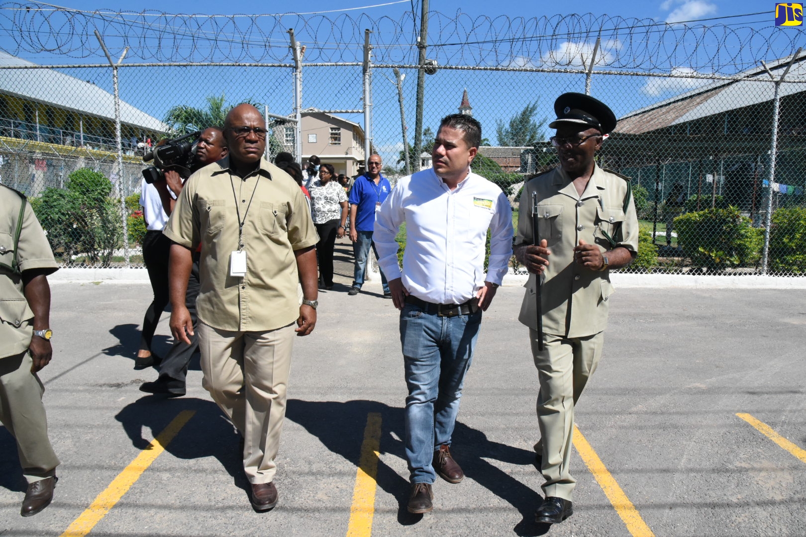 Minister without portfolio in the Ministry of National Security, Senator the Hon. Matthew Samuda (centre), is being briefed by Senior Superintendent, Herbert McFarlane (right), during a tour of the St. Catherine Adult Correctional Centre in Spanish Town on Friday (March 13). At left is Commissioner of Corrections, Lieutenant Colonel (Ret