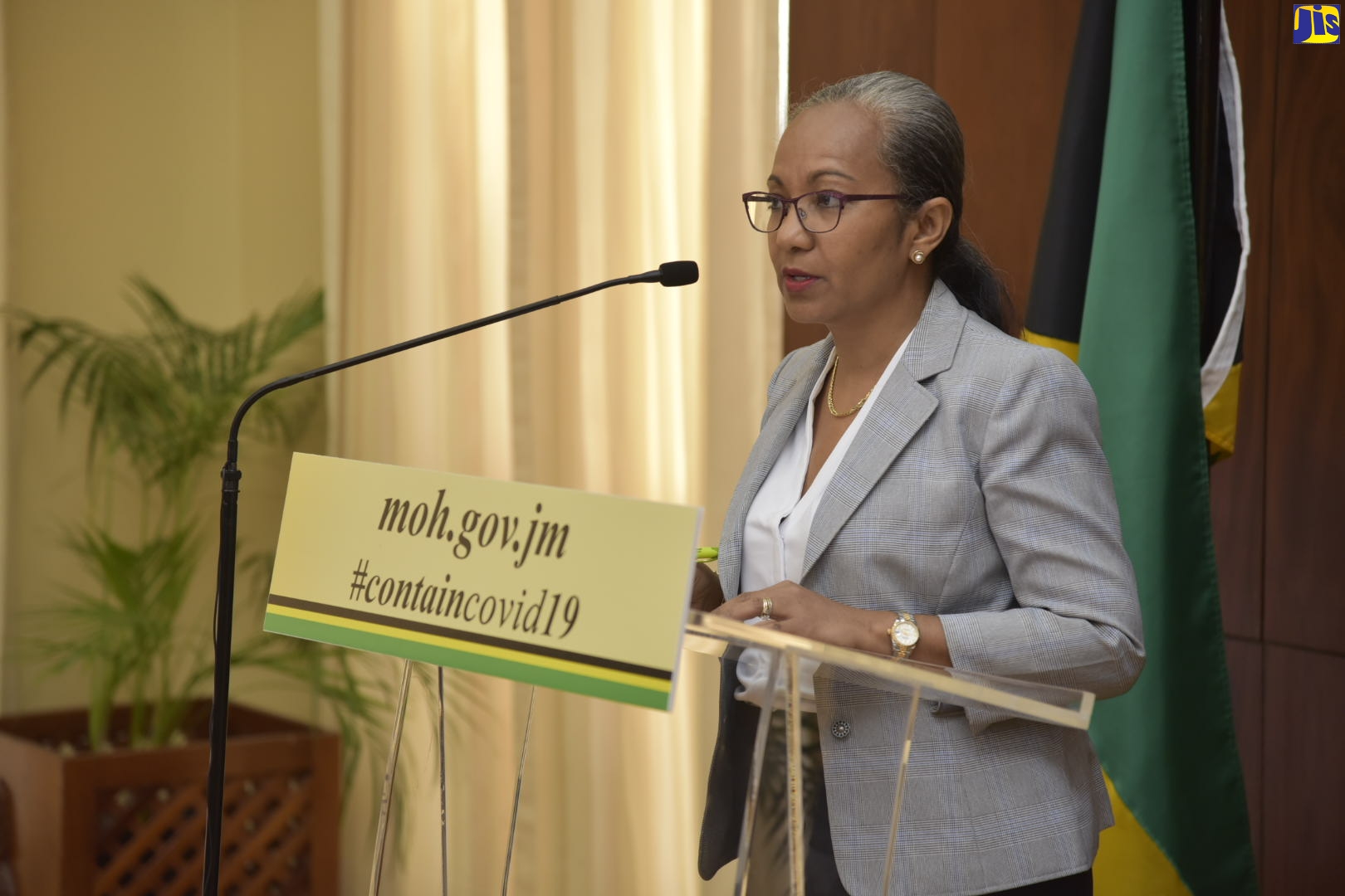 Permanent Secretary in the Ministry of Labour and Social Security, Colette Roberts Risden, speaking at a press briefing at Jamaica House in Kingston on Wednesday (March 18)