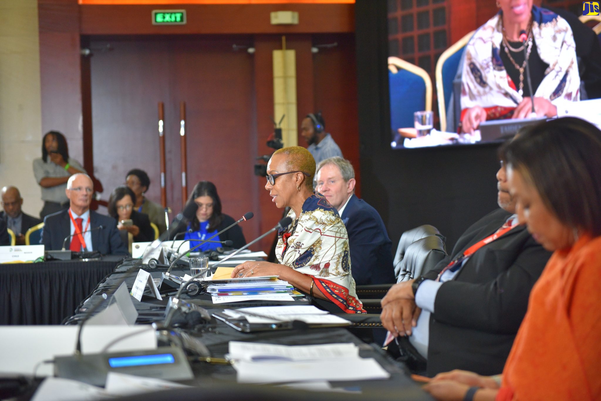 Minister of Science, Energy and Technology, Hon. Fayval Williams (at mike), addresses the closing ceremony for the Fourth Ministerial Meeting of the Energy & Climate Partnership of the Americas (ECPA), at the Montego Bay Convention Centre, St. James, on February 28.