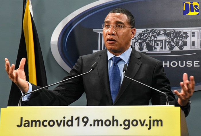 Prime Minister, the Most Hon. Andrew Holness, addresses a virtual press conference at Jamaica House on Monday (April 20).