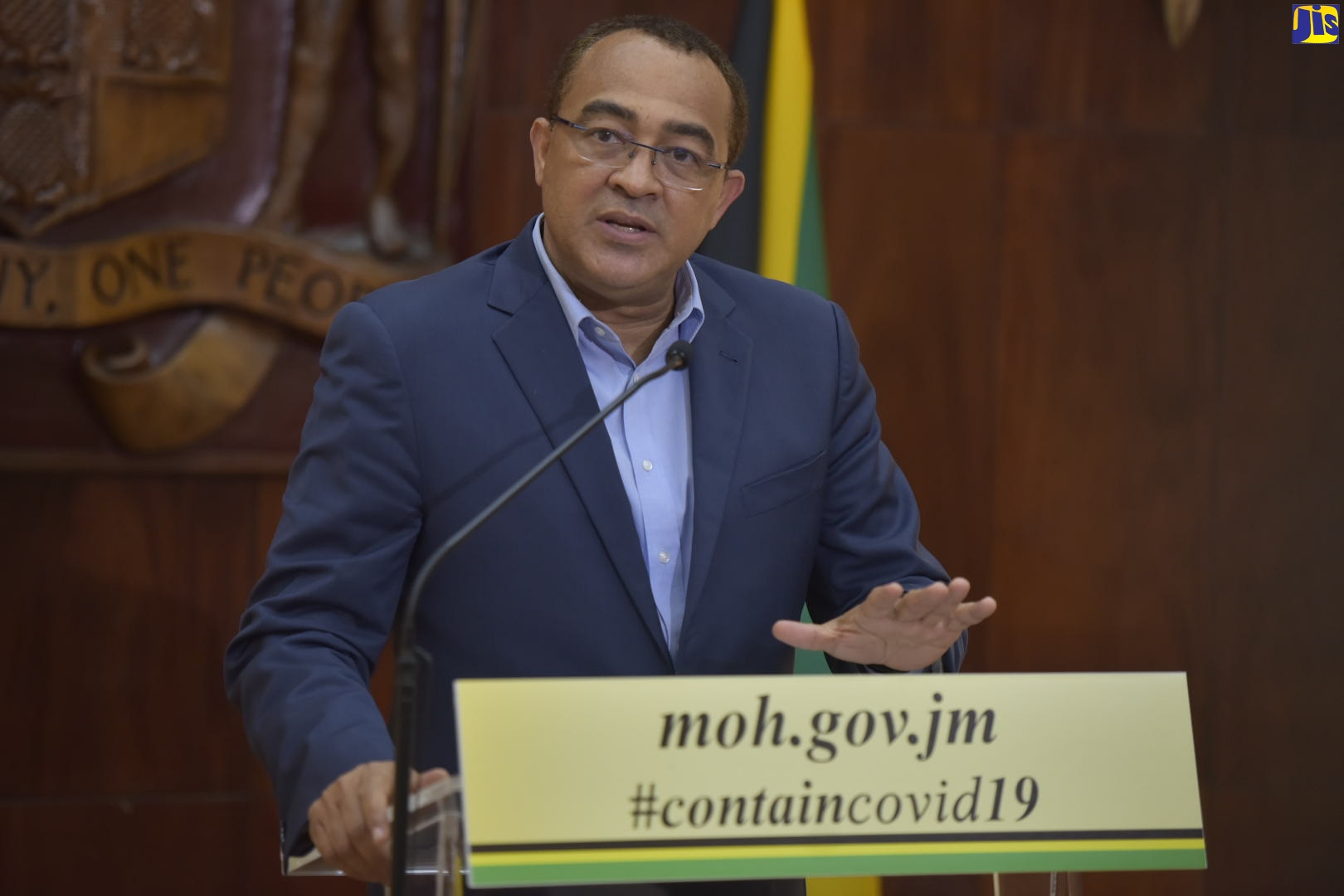 Minister of Health and Wellness, Dr. the Hon. Christopher Tufton, addresses a press conference at Jamaica House on Friday (April 3).