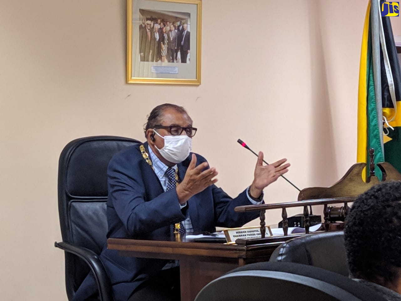 Chairman of the St. Elizabeth Municipal Corporation and Mayor of Black River, Councillor Derrick Sangster, addresses the monthly meeting of the St. Elizabeth Municipal Corporation, on Thursday, April 9.