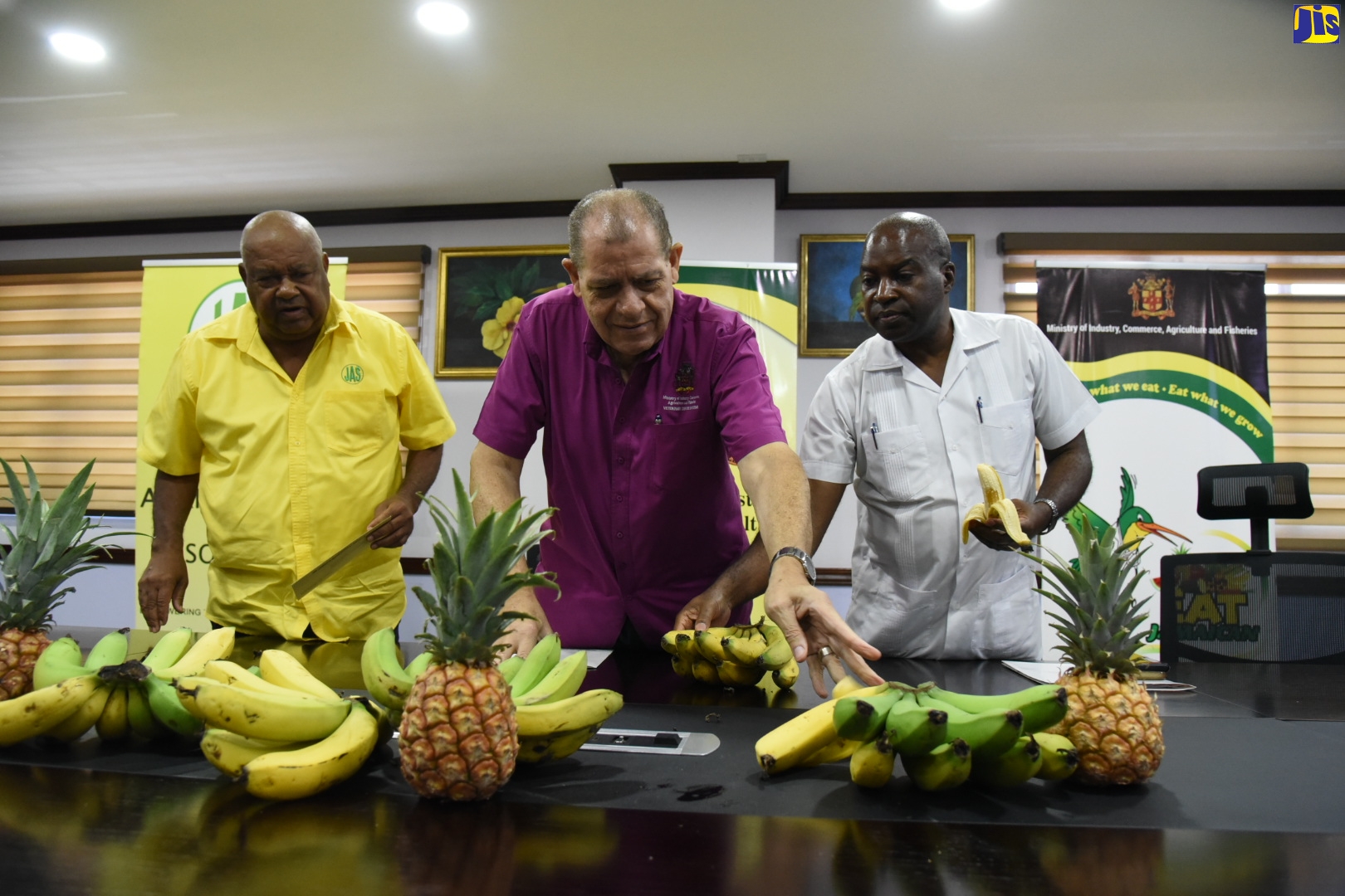 Minister of Industry, Commerce, Agriculture and Fisheries, Hon. Audley Shaw (centre), along with President of the Jamaica Agricultural Society (JAS), Lenworth Fulton (left); and Permanent Secretary in the Ministry, Dermon Spence (right), look at farm produce on display at the Ministry