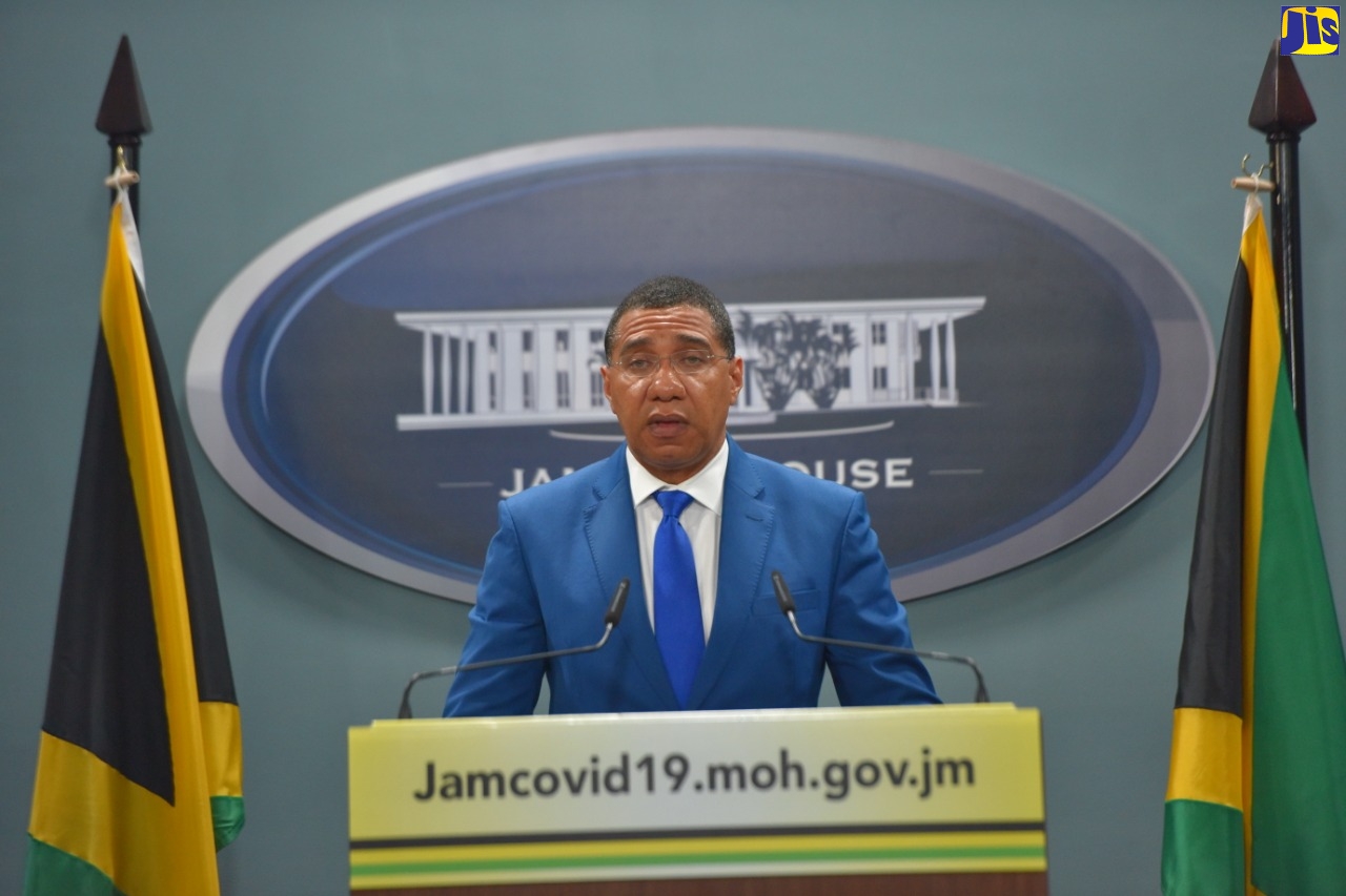 Prime Minister, the Most Hon. Andrew Holness, addresses the nation at a digital press conference at Jamaica House, on Monday (April 27).