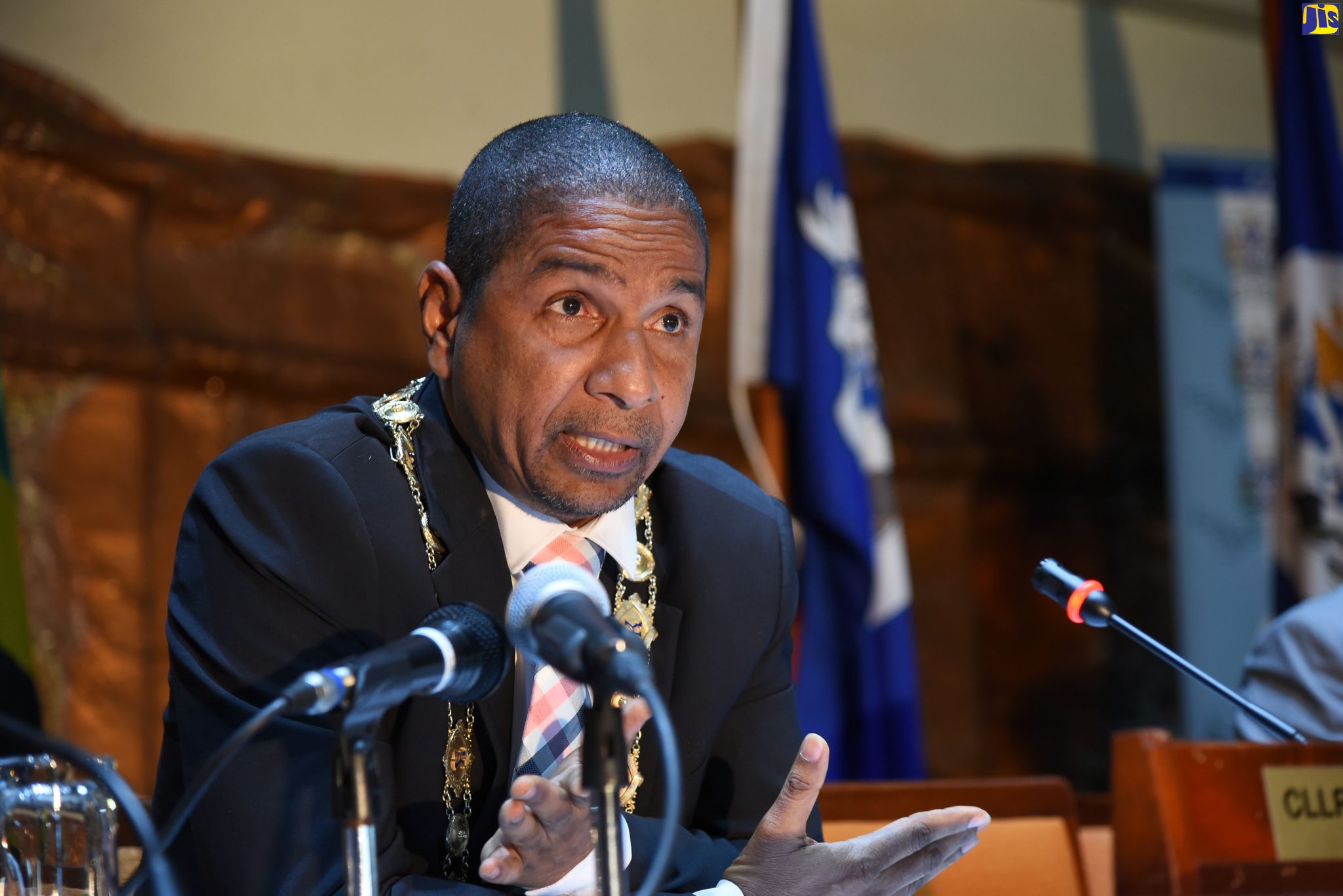 Mayor of Kingston, Senator Councillor Delroy Williams, addresses today’s (April 14) sitting of the Kingston and St. Andrew Municipal Corporation, at the Jamaica Conference Centre in downtown Kingston.