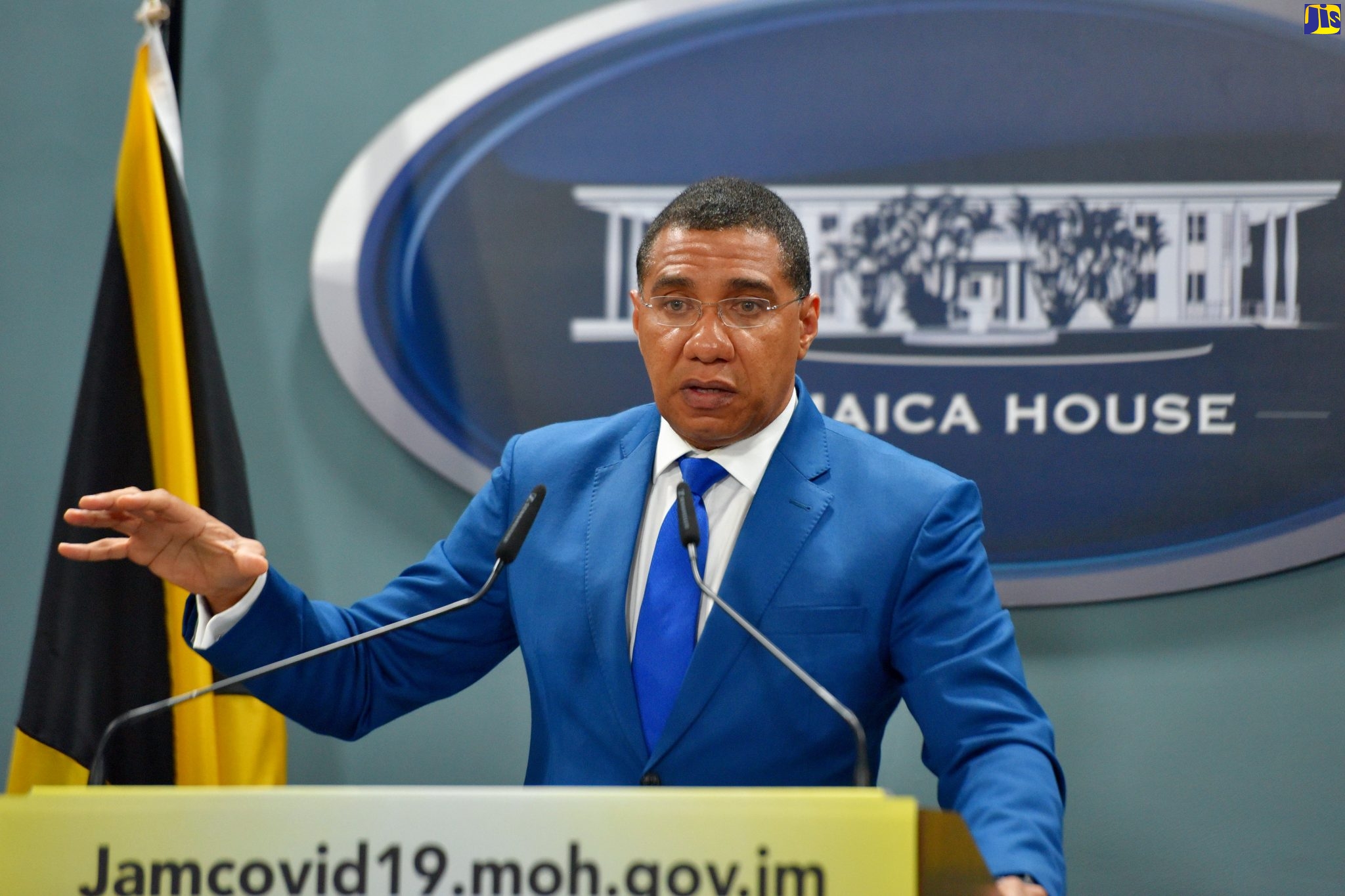 Prime Minister, the Most Hon. Andrew Holness, emphasises a point while addressing a COVID-19 digital media briefing on Monday (April 27). The briefing was held at the Office of the Prime Minister.
