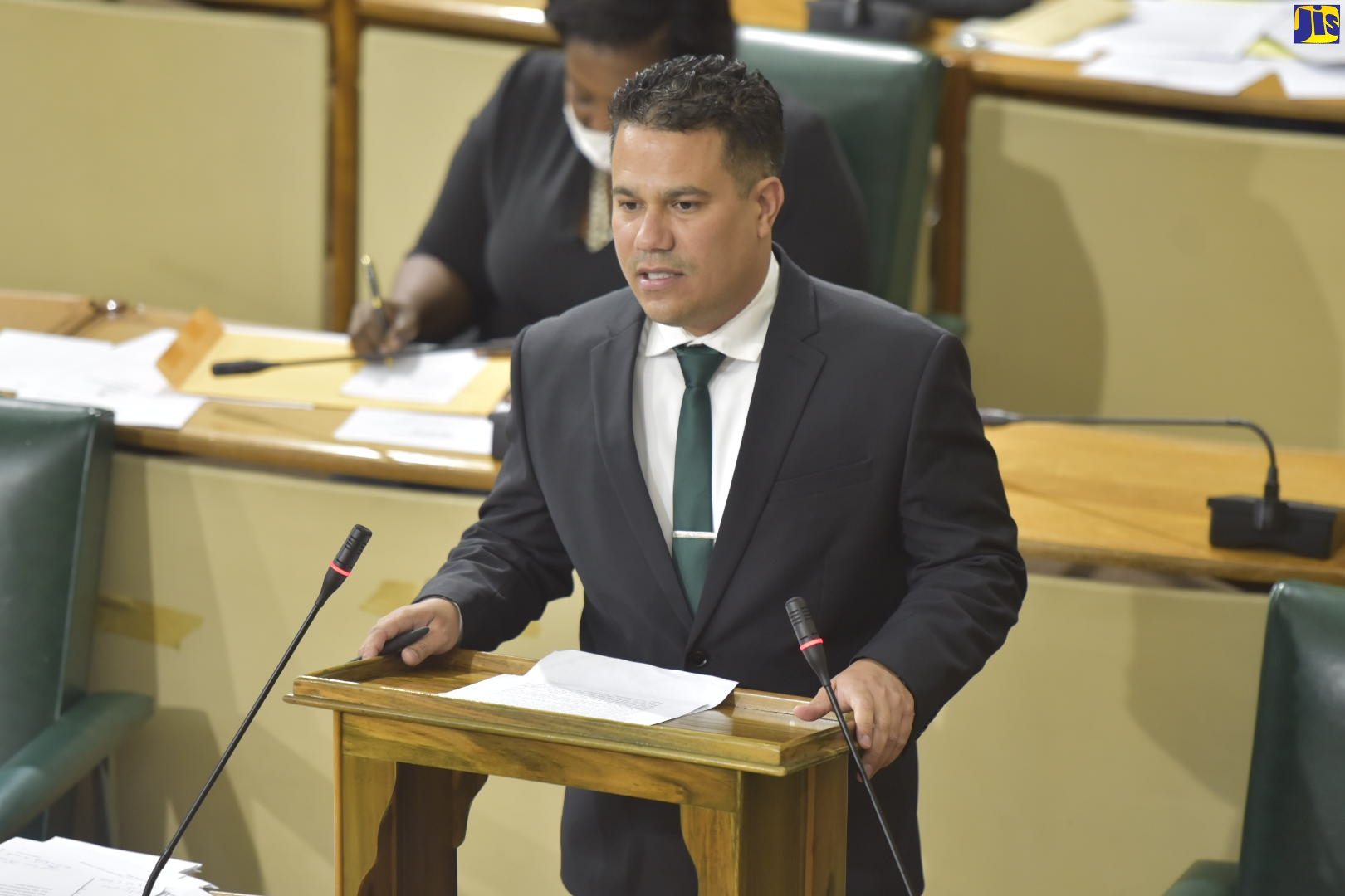 Government Senator, Matthew Samuda, highlights a point while piloting the Tourism Workers’ Pension Scheme Regulations in the Senate, on Friday (May 1).