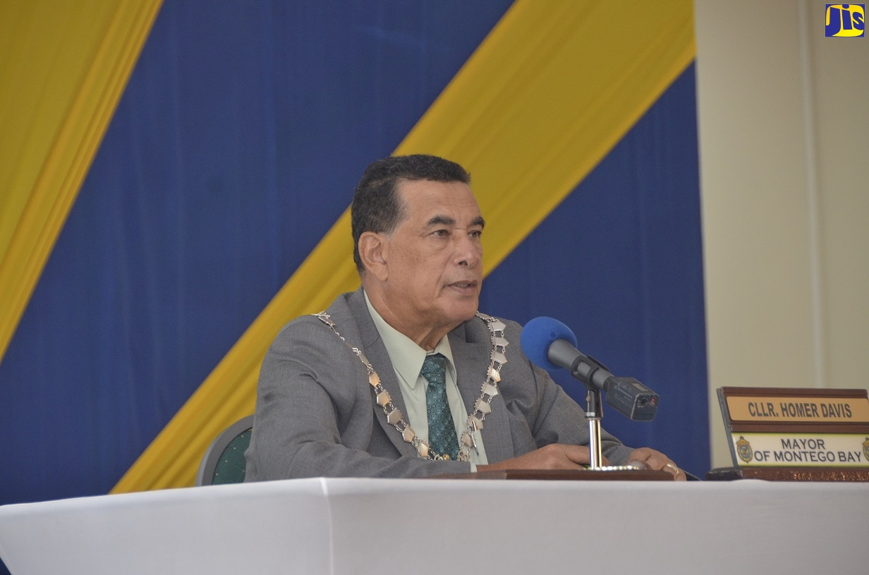 Mayor of Montego Bay, Councillor Homer Davis, addresses the monthly meeting of the St. James Municipal Corporation, held at the Montego Bay Cultural Centre on May 14.
