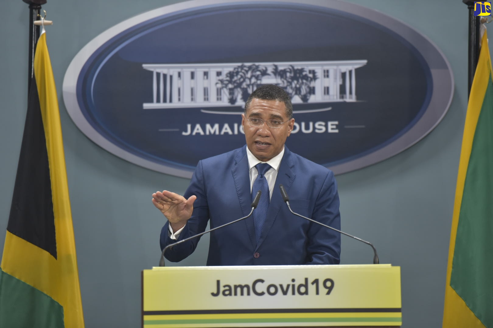 Prime Minister, the Most Hon. Andrew Holness, speaks at a virtual press conference, on Monday (May 11), at the Office of the Prime Minister Media Centre, in Kingston.