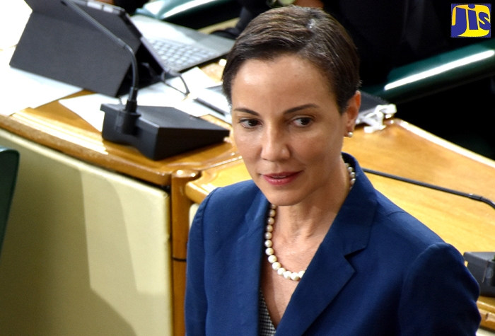 Leader of Government Business in the Senate and Minister of Foreign Affairs and Foreign Trade, Hon. Kamina Johnson Smith, addressing today’s (May 29) sitting of the Senate.