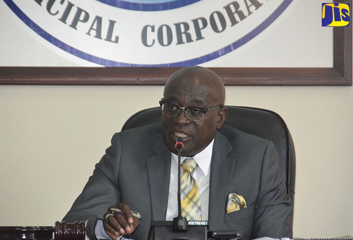 Mayor of Lucea, Councillor Sheridan Samuels, speaks at the monthly meeting of the Hanover Municipal Corporation, on Thursday, May 14.