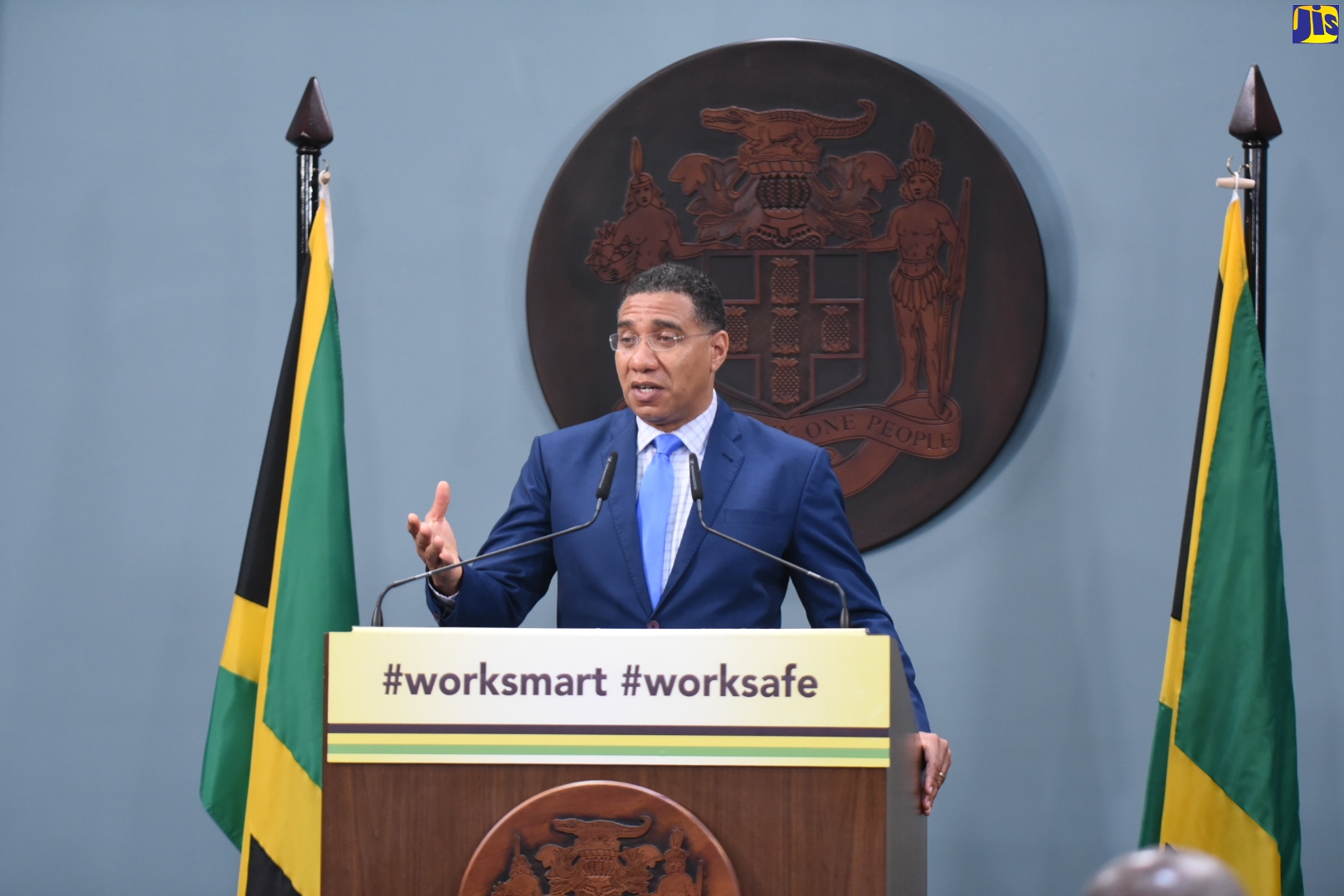 The Prime Minister, the Most Hon. Andrew Holness, emphasises a point as he addresses a virtual press conference from the Office of the Prime Minister Media Centre in Kingston on Monday (June 29). ​
