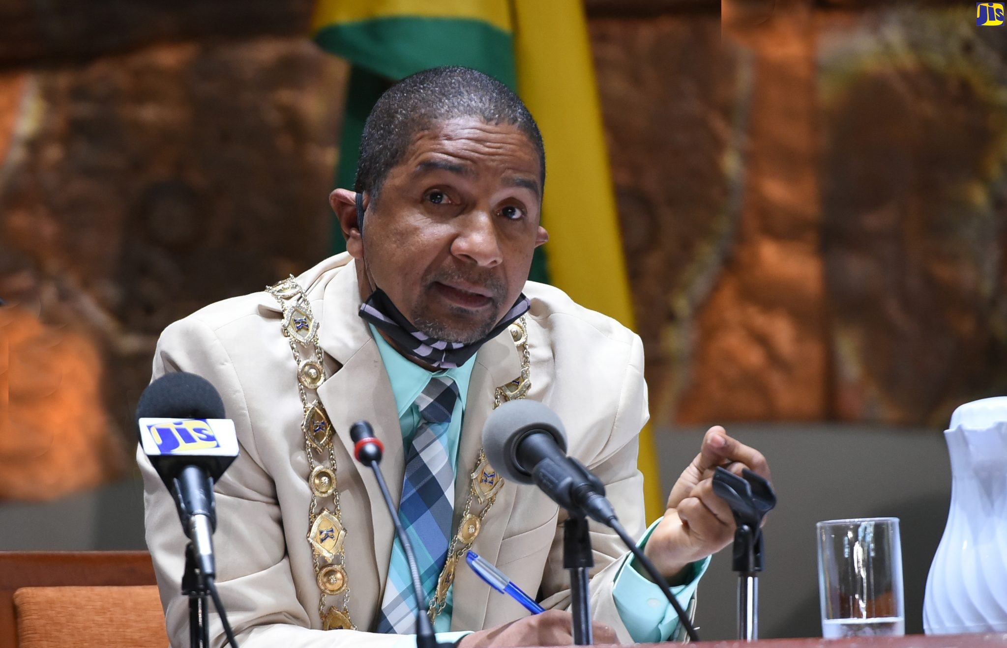 Mayor of Kingston and St. Andrew, Senator Councillor Delroy Williams, speaks at a meeting of the Kingston and St. Andrew Municipal Corporation (KSAMC), at the Jamaica Conference Centre, in downtown Kingston, on June 9.