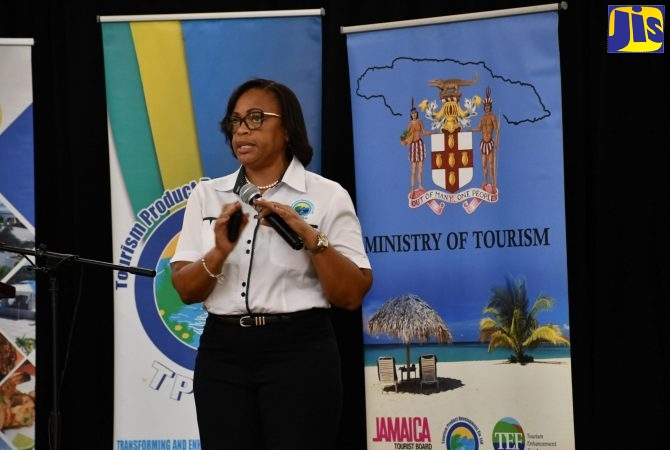 Training Manager for the Tourism Product Development Company (TPDCo), Western Region, Megan Mollison at a recent sensitization forum for tourism workers at the Montego Bay Convention Centre, St. James.