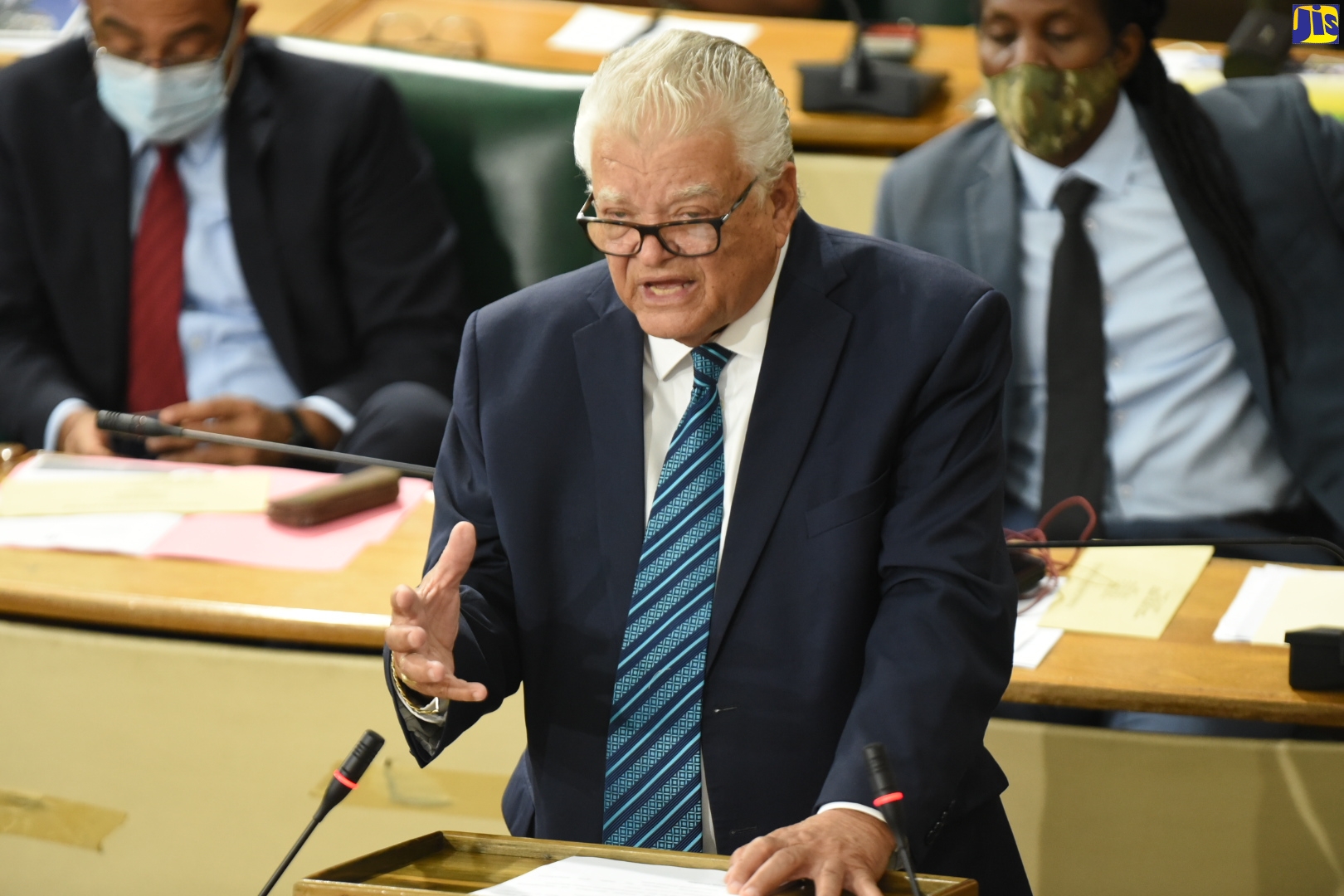 Minister of Education, Youth and Information, Hon. Karl Samuda,  highlights a matter while making his contribution to the 2020/21 Sectoral Debate in the House of Representatives on Tuesday (July 28).