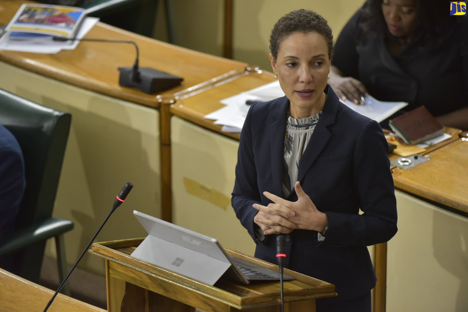 Minister of Foreign Affairs and Foreign Trade, and Leader of Government Business in the Upper House, Senator the Hon. Kamina Johnson Smith, addresses members of the Senate during Friday’s (July 24) sitting at Gordon House.
