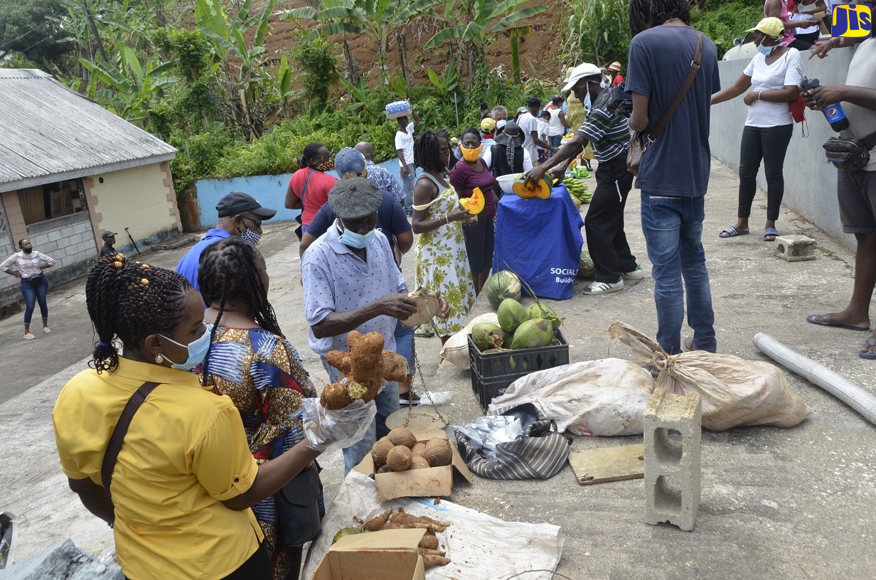 Customers and vendors conduct business at a mini farmers