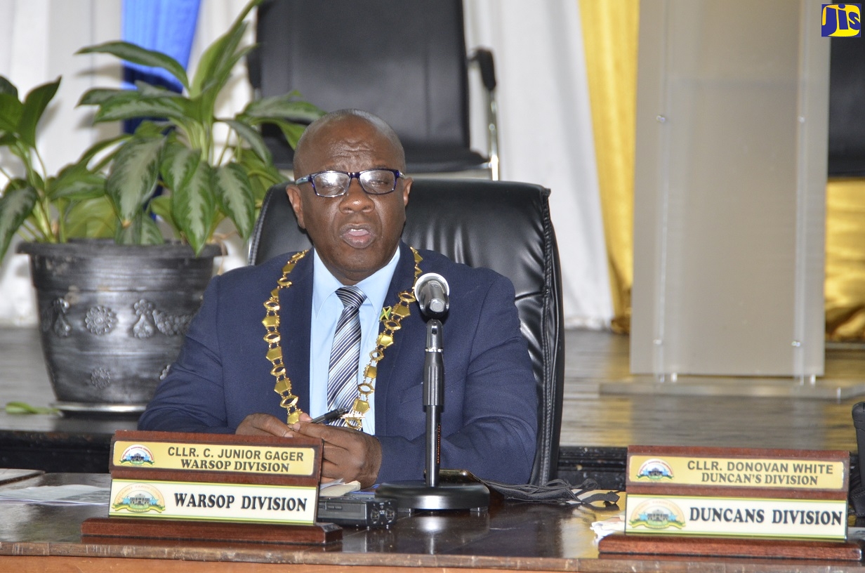 Mayor of Falmouth, Councillor Colin Gager, addresses the monthly meeting of the Trelawny Municipal Corporation, in Falmouth, on Thursday (July 9).
