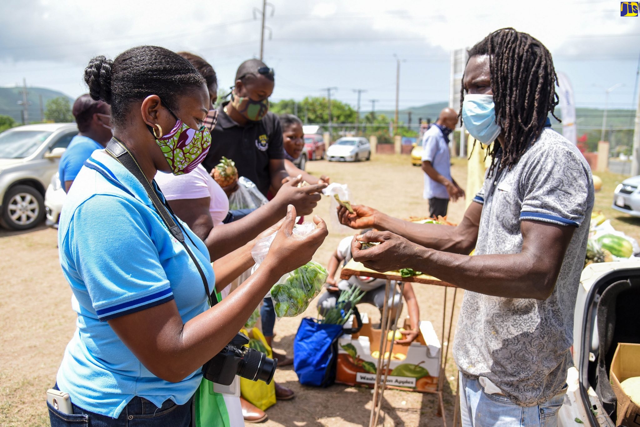 Farmer from East Kirkland Heights, St. Andrew Glenroy Crossman (right), collects money from patron, Denisha Bourne, during a farmers