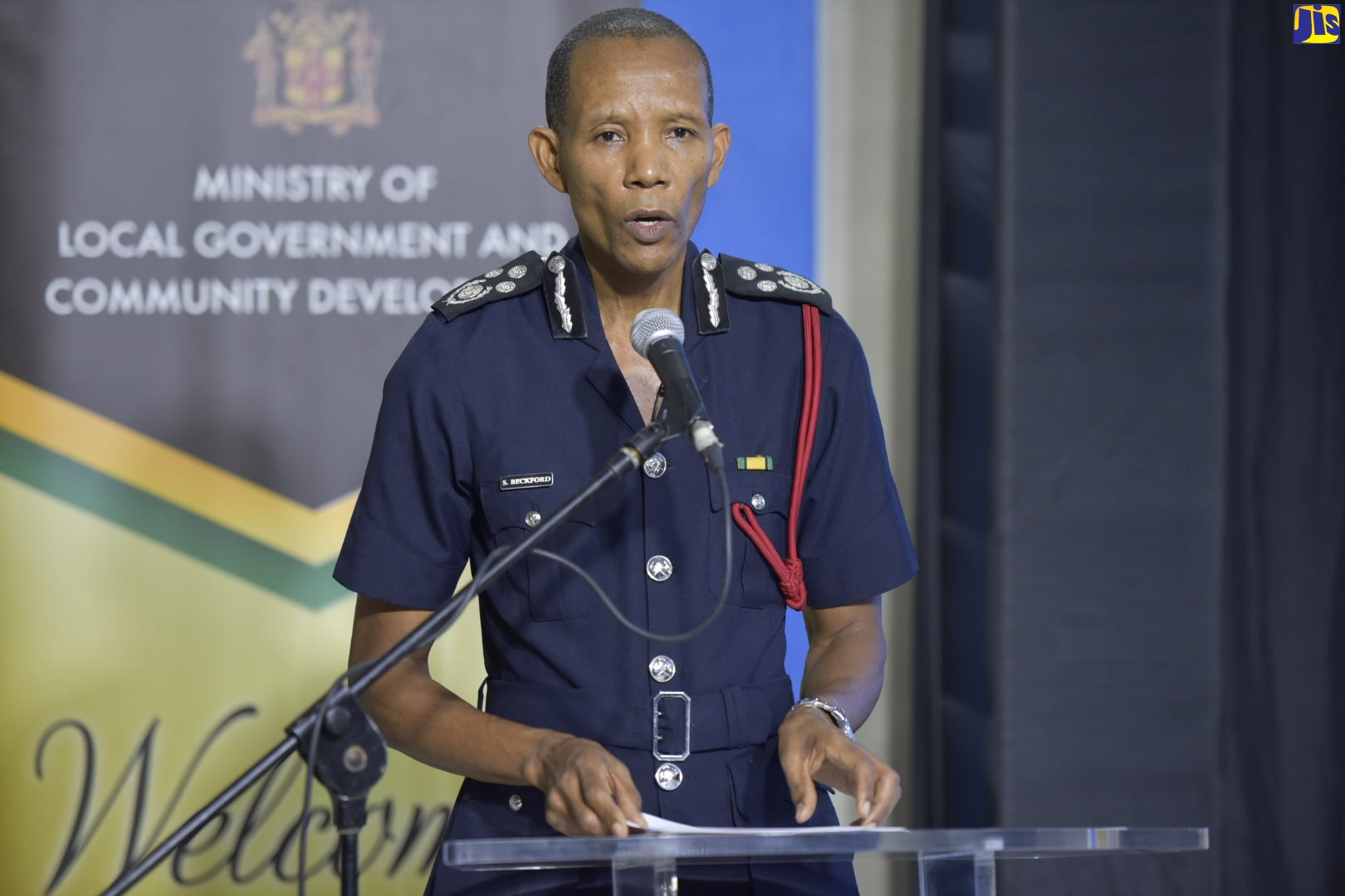 Commissioner of the Jamaica Fire Brigade (JFB), Stewart Beckford, delivers a report on the work of the enitity at a digital town hall hosted by the Ministry of Local Government and Community Development on July 30. 
