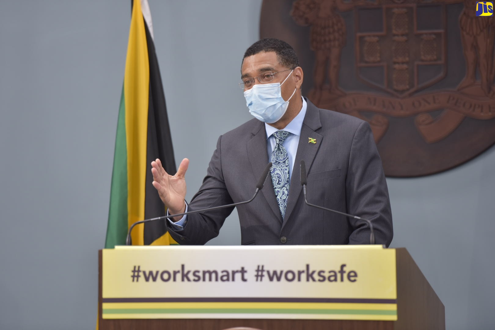 Prime Minister, the Most Hon. Andrew Holness, emphasises a point while addressing a virtual press conference on Monday (August 24).