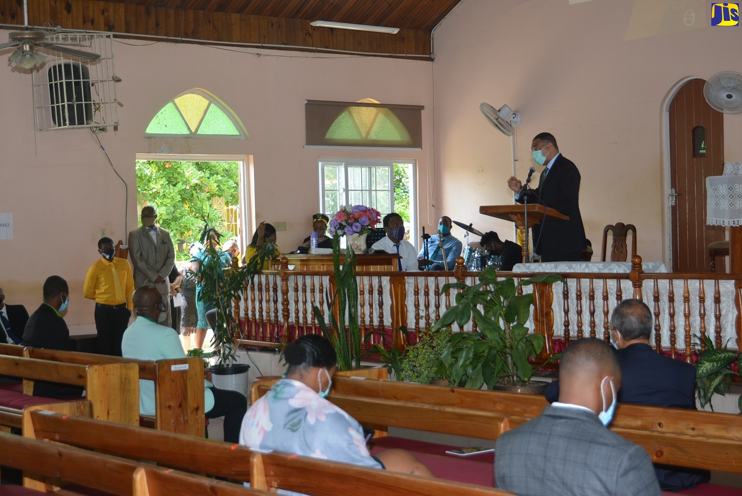Prime Minister the Most Hon. Andrew Holness, addressing the congregation during a church service at the Lucea Seventh Day Adventist Church in Hanover, on August 8.