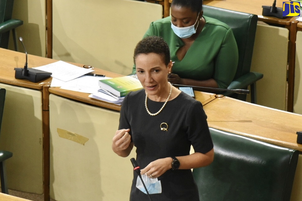 Leader of Government Business in the Senate, Hon. Kamina Johnson Smith, highlights a point while addressing the Senate during its sitting on Wednesday (August 12).