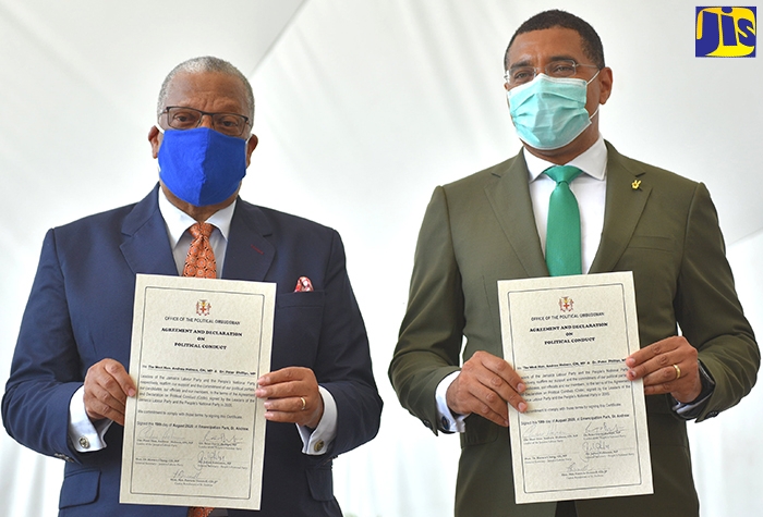 Prime Minister and Leader of the Jamaica Labour Party (JLP), the Most Hon. Andrew Holness (right), and Leader of the People