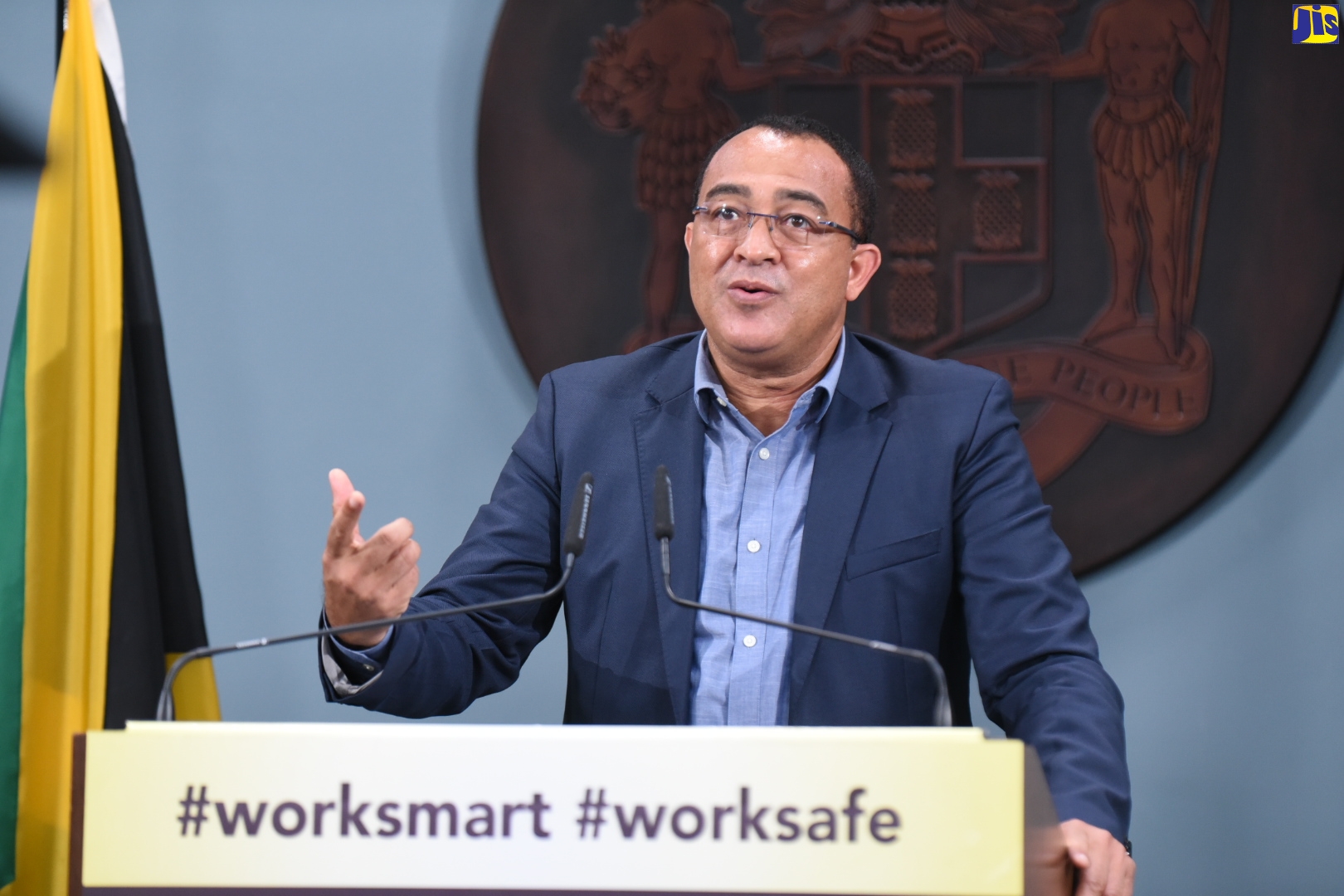 Health and Wellness Minister, Dr. the Hon. Christopher Tufton, addresses a virtual press conference at Jamaica House on Monday (August 17).