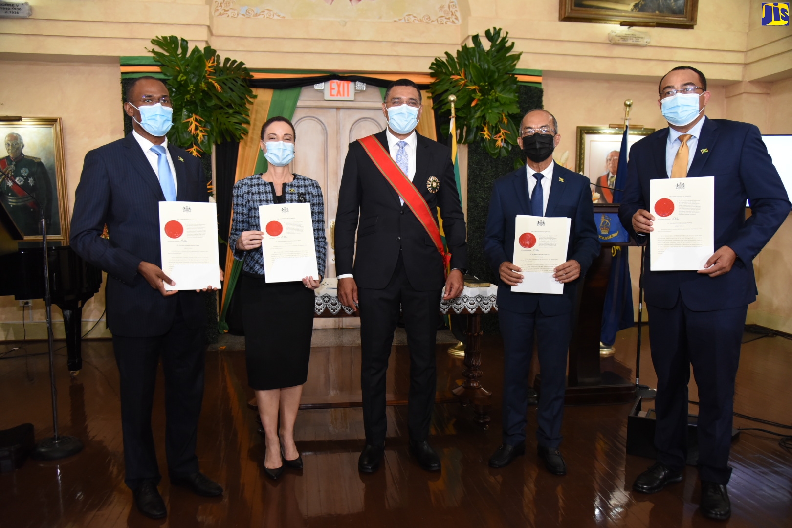 Prime Minister, the Most Hon. Andrew Holness (centre), with the four newly appointed Ministers of Government at a swearing-in ceremony at King’s House on September 7. They are (from left) Minister of Finance and the Public Service, Dr. the Hon. Nigel Clarke; Minister of Foreign Affairs and Foreign Trade, Senator the Hon. Kamina Johnson Smith; Minister of National Security, and Deputy Prime Minister, Hon. Dr. Horace Chang; and Minister of Health and Wellness, Dr. the Hon. Christopher Tufton.

