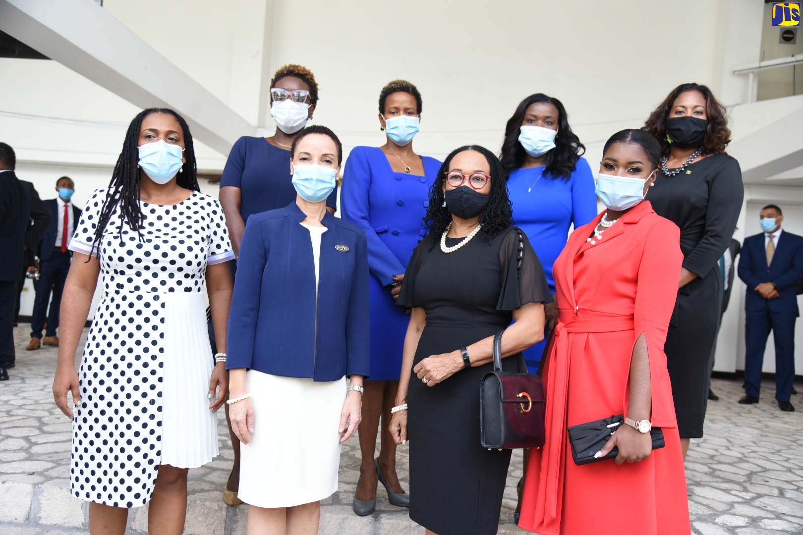 Leader of Government Business in the Senate, and Minister of Foreign Affairs and Foreign Trade, Hon. Kamina Johnson Smith (first row, second left); and Leader of Opposition Business, Senator Donna Scott Mottley (first row, third left), with all the women that now comprise 38 per cent of the Senate following a swearing-in ceremony during the sitting of the Senate at the Jamaica Conference Centre in downtown Kingston on Tuesday (Sept. 15). This is a record, as this is the first time that eight women will sit in the Upper House at once.