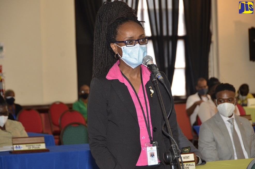 Acting Medical Officer of Health for St. James, Dr. Francine Phillips-Kelly, addresses the monthly meeting of the St. James Municipal Corporation, held at the Montego Bay Cultural Centre on Thursday, September 10.