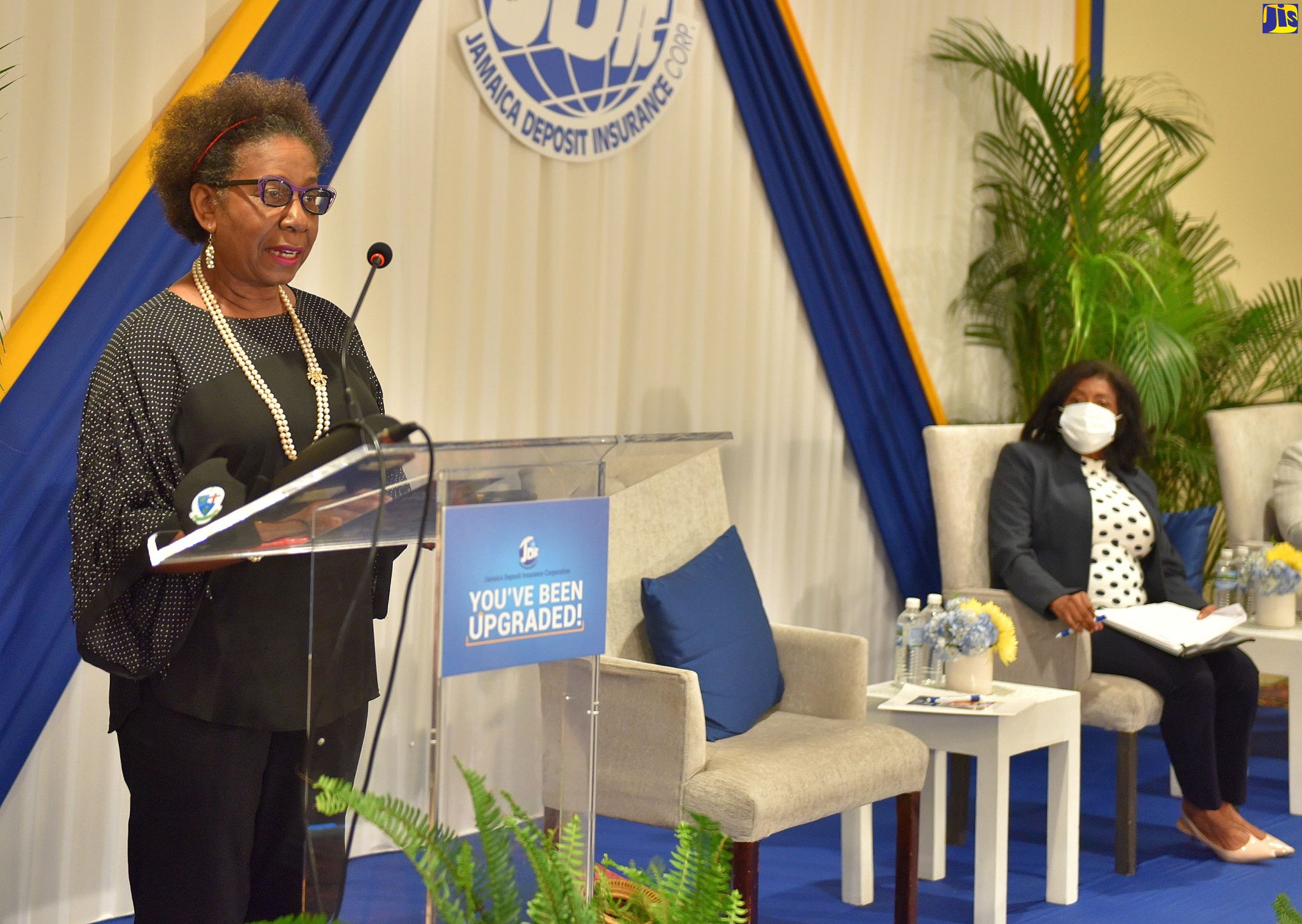 Jamaica Deposit Insurance Corporation (JDIC) Chairperson, Myrtle Halsall (left), addresses the entity