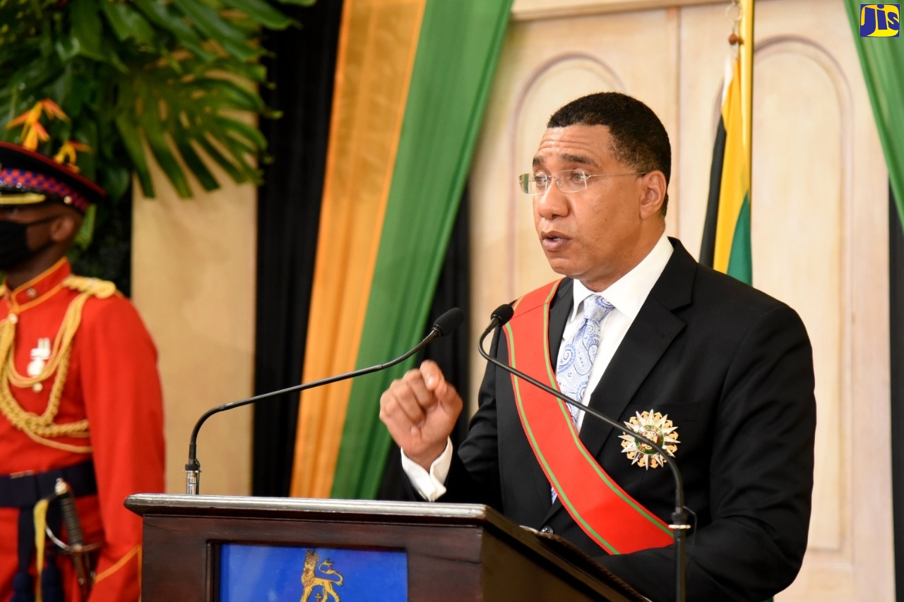 Prime Minister, the Most Hon. Andrew Holness, speaks at his swearing-in ceremony at King’s House, on Monday (September 7).