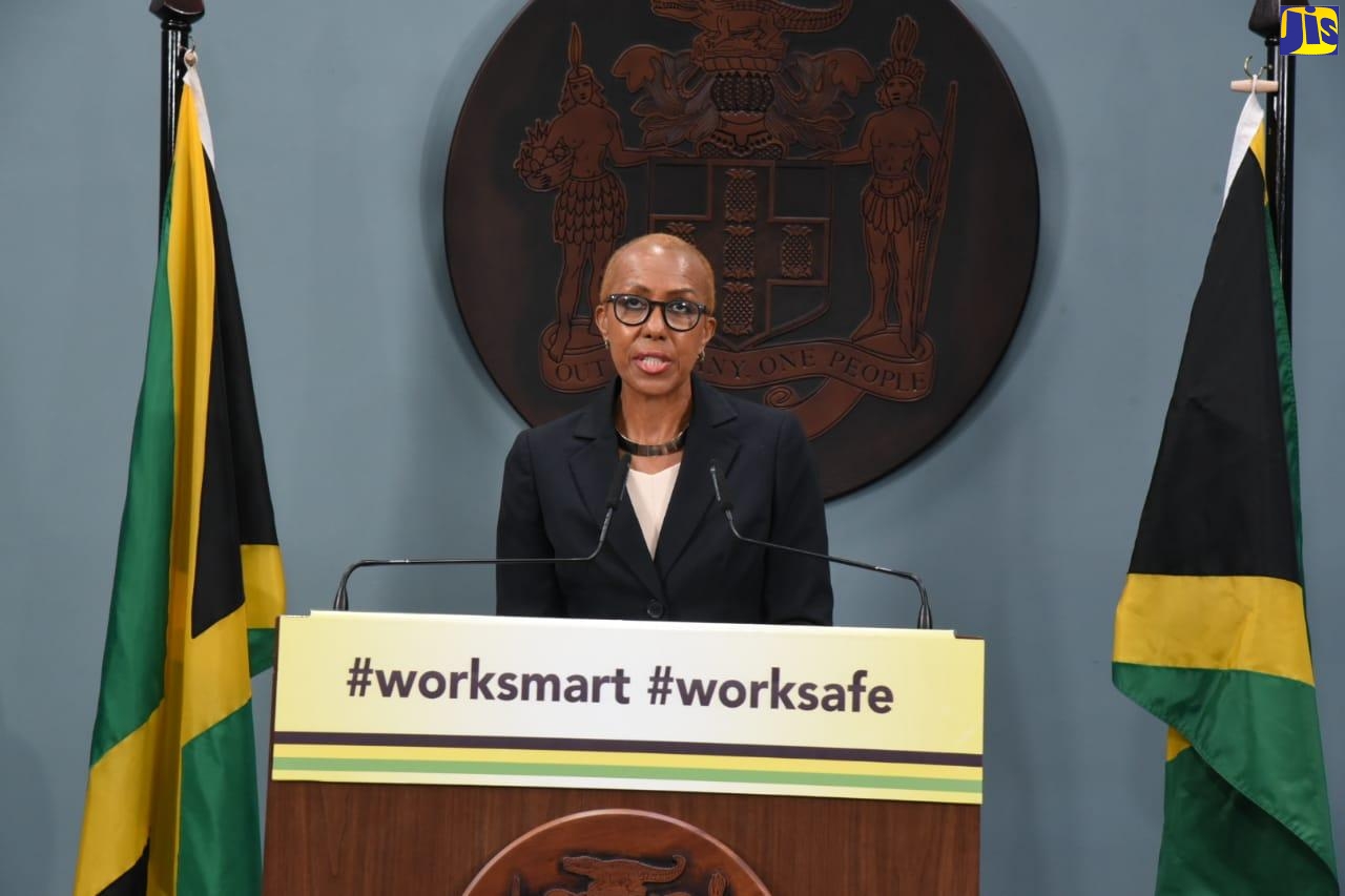 Minister of Education, Youth and Information, Hon. Fayval Williams, addresses a digital press briefing at the Office of the Prime Minister in St. Andrew on September 22.