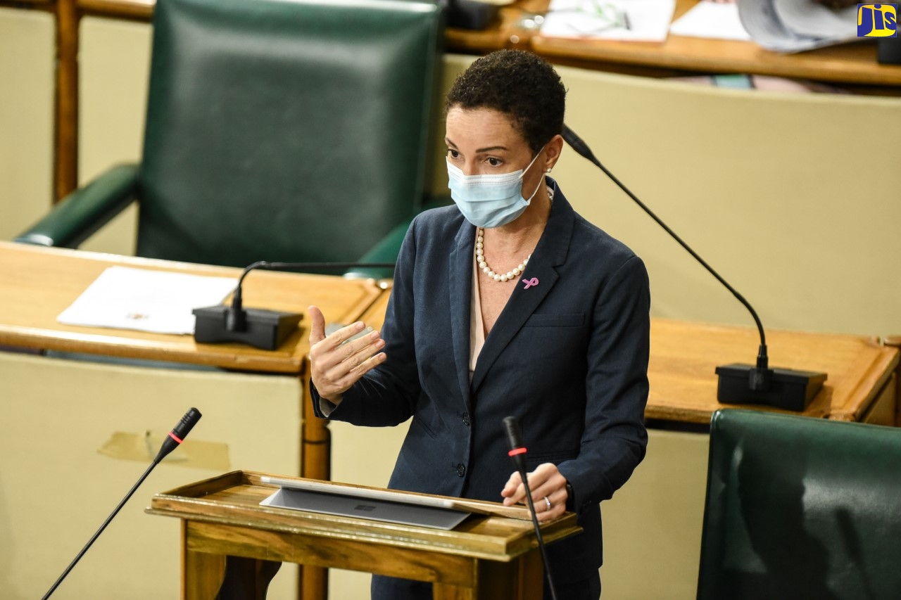 Leader of Government Business in the Senate, and Minister of Foreign Affairs and Foreign Trade, Senator the Hon. Kamina Johnson Smith, makes her contribution to the debate on the Authentication (Foreign Public Documents) Bill, 2020, during the sitting of the Senate on Friday (October 16), at Gordon House.
