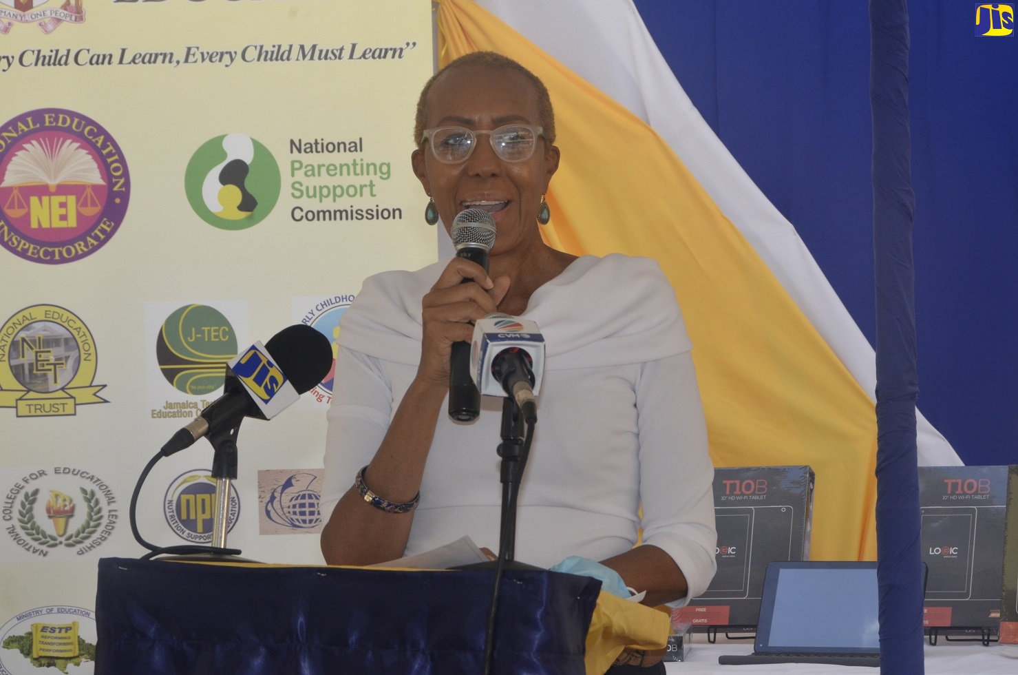 Minister of Education, Youth and Information, Hon. Fayval Williams, addresses a ceremony at Brown’s Town Primary in St. Ann on October 4,  to hand over 126 tablets to the institution, under the Government’s Tablets in Schools programme.