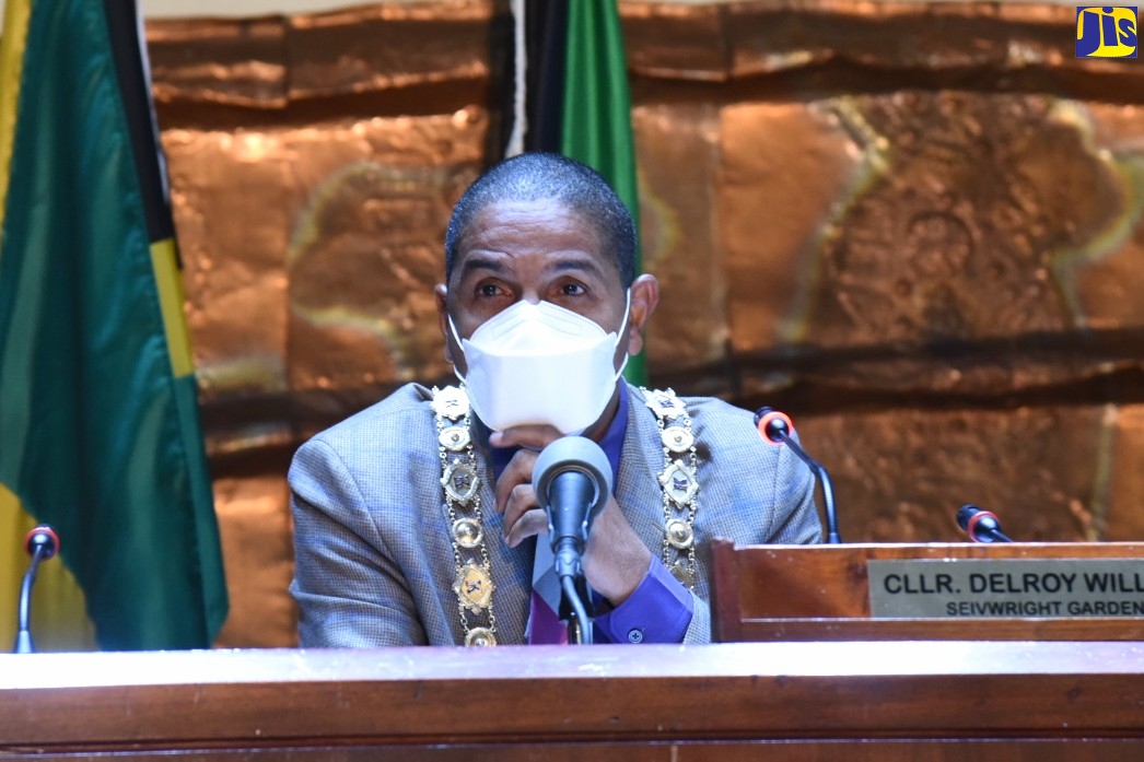 Mayor of Kingston, Senator Councillor Delroy Williams, addressing Tuesday’s (October 13) monthly meeting of the Kingston and St. Andrew Municipal Corporation (KSAMC)  at the Jamaica Conference Centre in downtown Kingston.