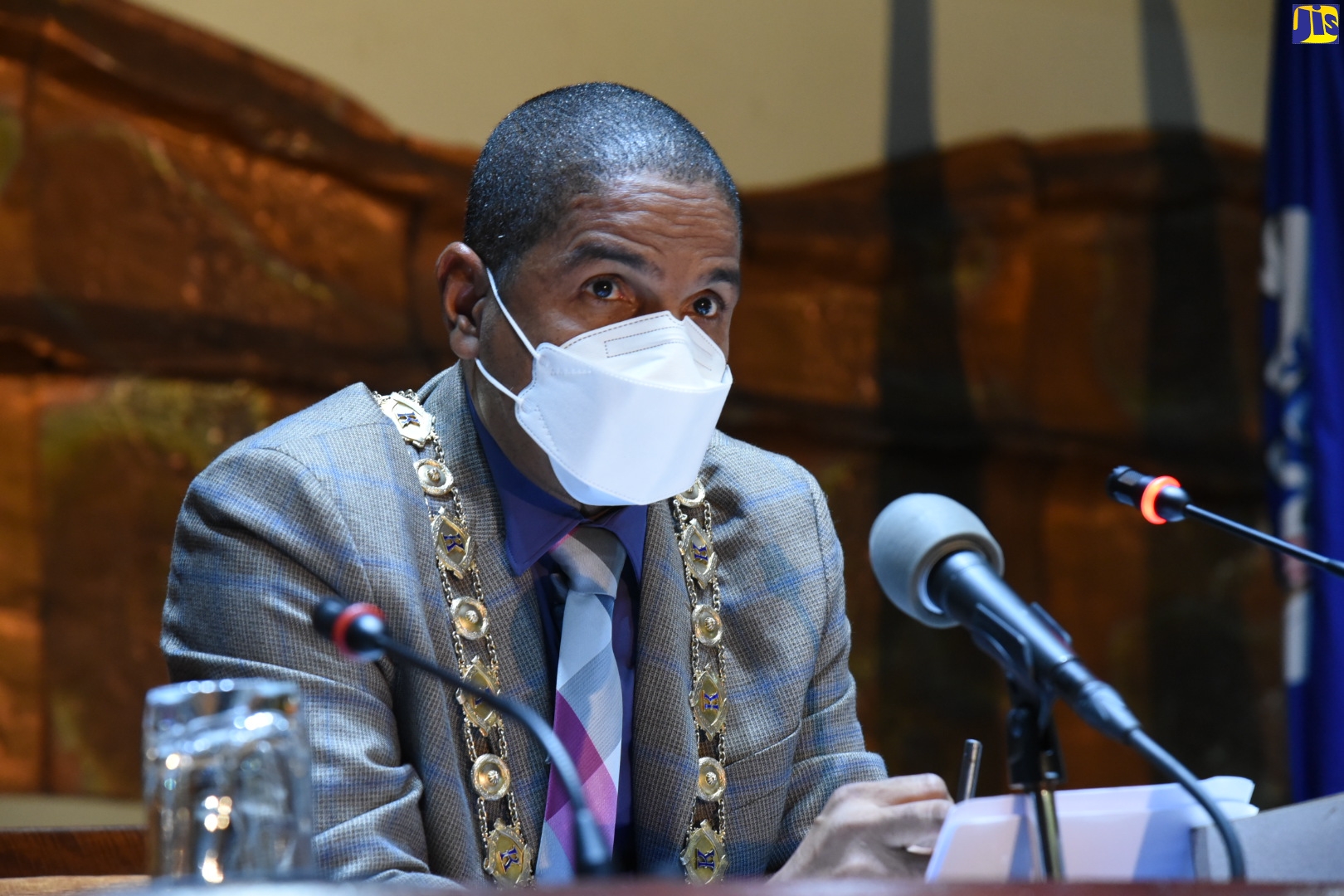 Mayor of Kingston, Senator Councillor Delroy Williams, addressing Tuesday's  (Oct. 13) sitting of the Kingston and St. Andrew Municipal Corporation (KSAMC)  at the Jamaica Conference Centre, downtown Kingston.

