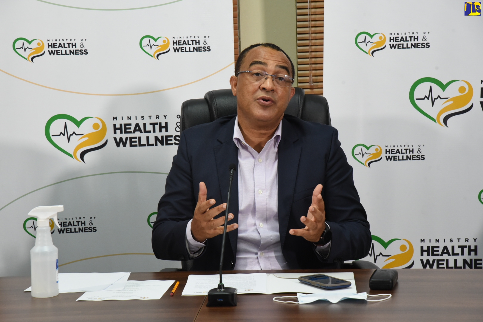 Minister of Health and Wellness, Dr. the Hon. Christopher Tufton, emphasises a point while speaking during a digital press briefing on October 22..