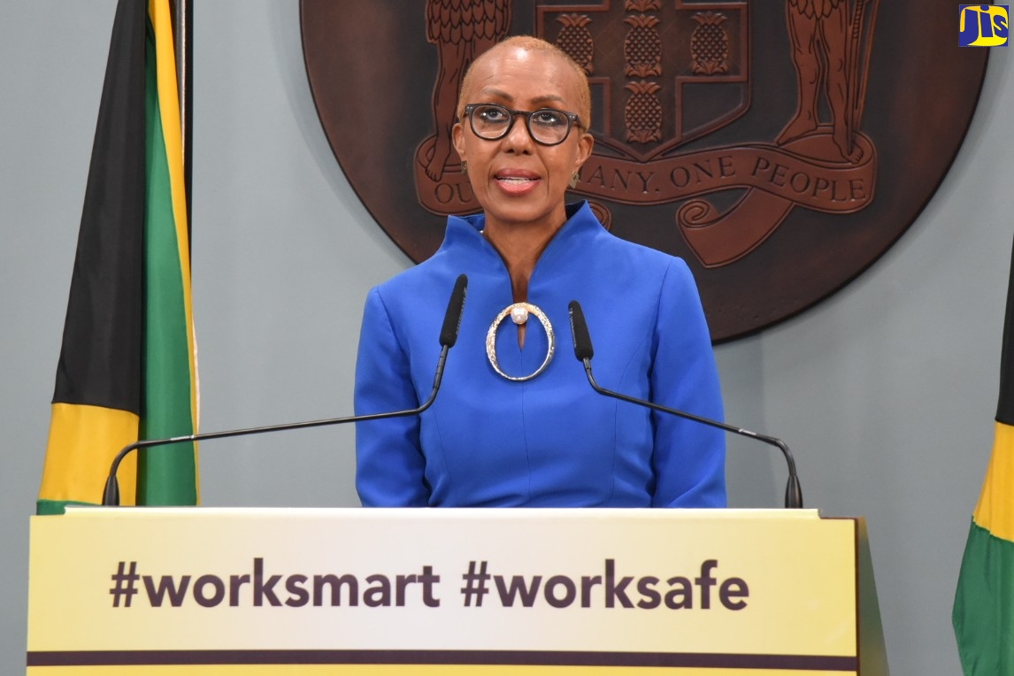 Minister of Education, Youth and Information,  Hon. Fayval Williams, speaks at a press conference on Wednesday (October 28), at the Office of the Prime Minister Media Centre, in Kingston.