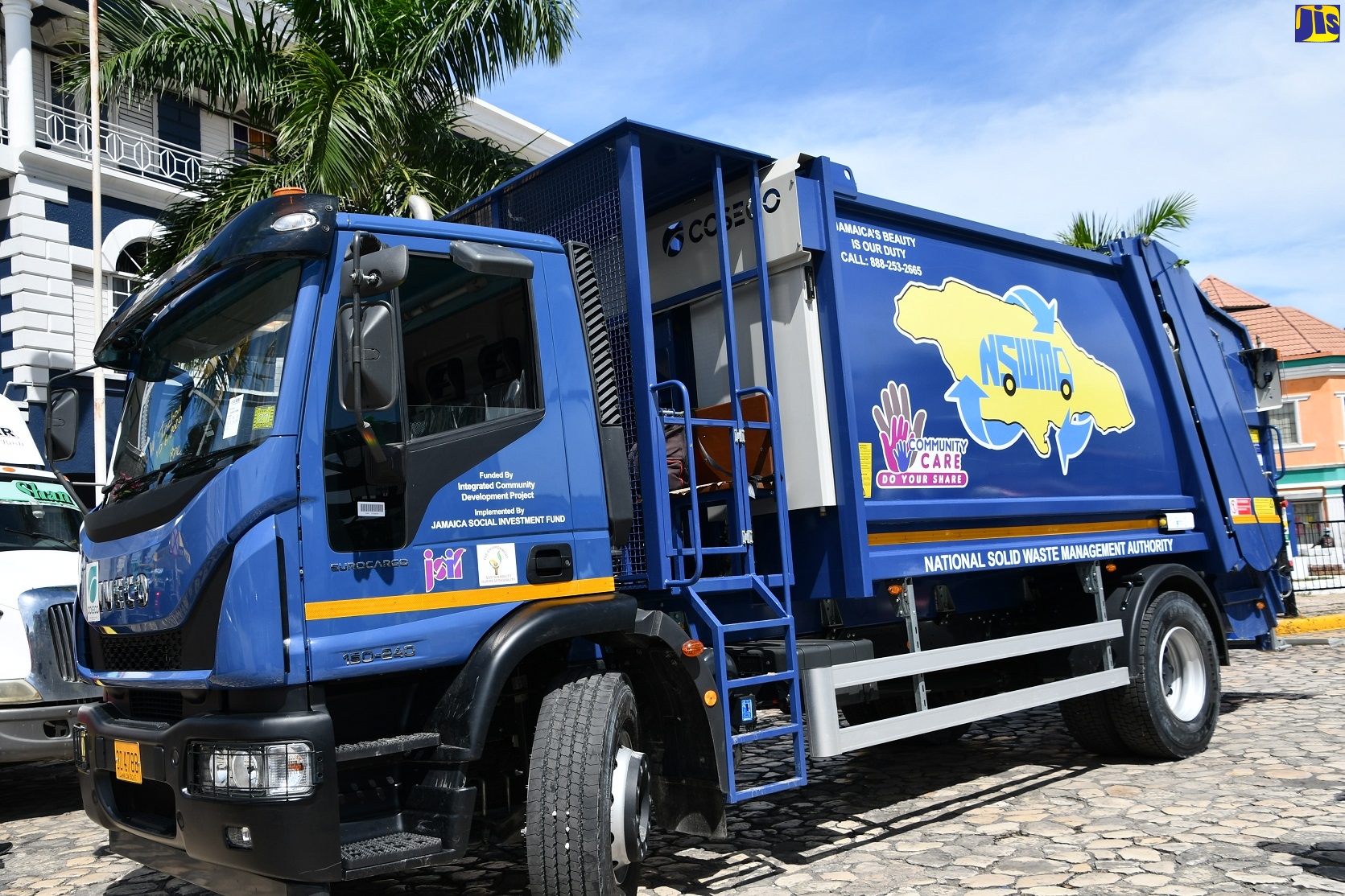 The new garbage truck that was donated to Western Parks and Markets (WPM) Waste Management Limited by the Jamaica Social Investment Fund (JSIF) through the Integrated Community Development Project (ICDP).