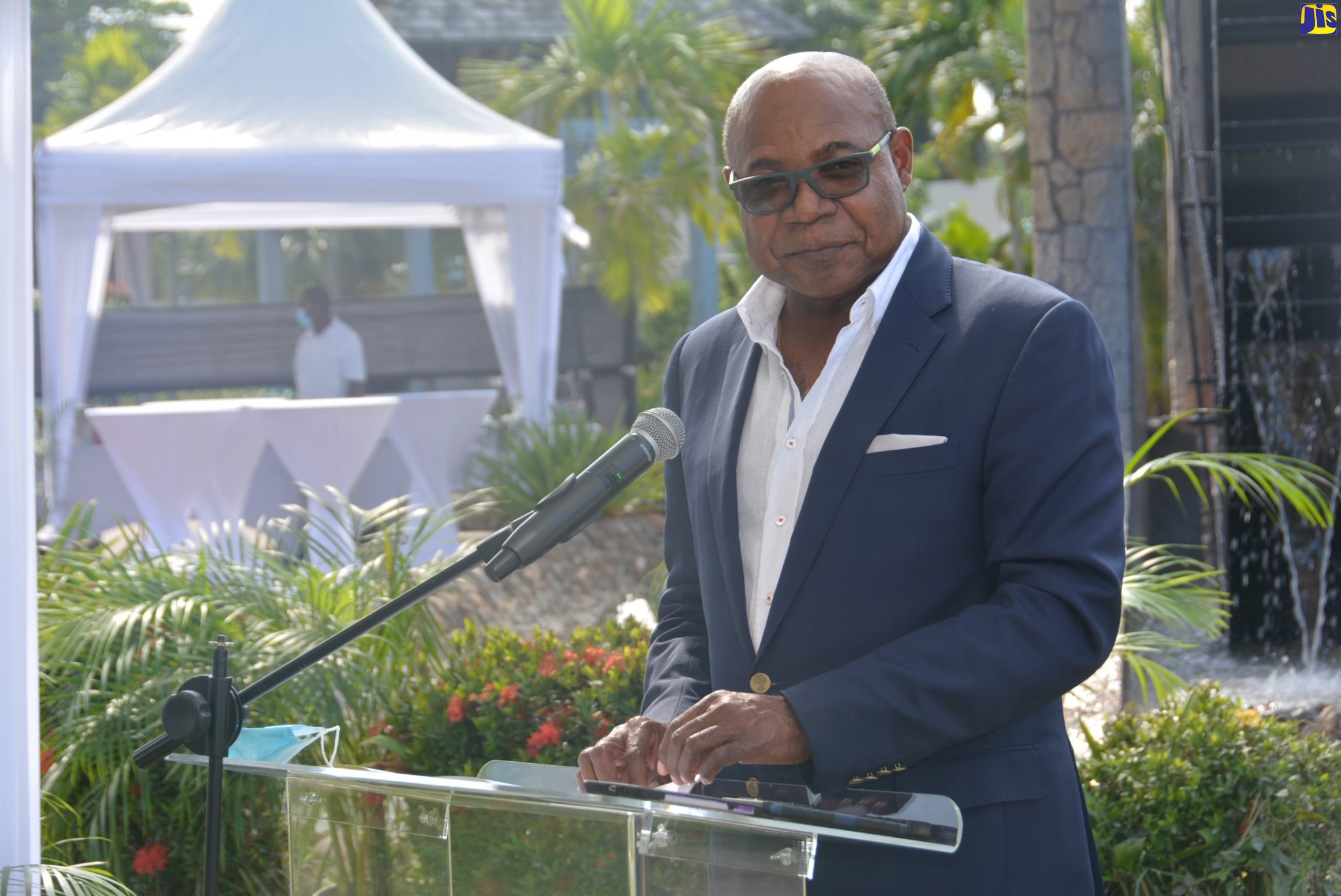 Minister of Tourism, Hon. Edmund Bartlett, addresses the ground breaking ceremony for the rebranded Shoppes at Rose Hall in Montego Bay, St. James Thursday (October 29).