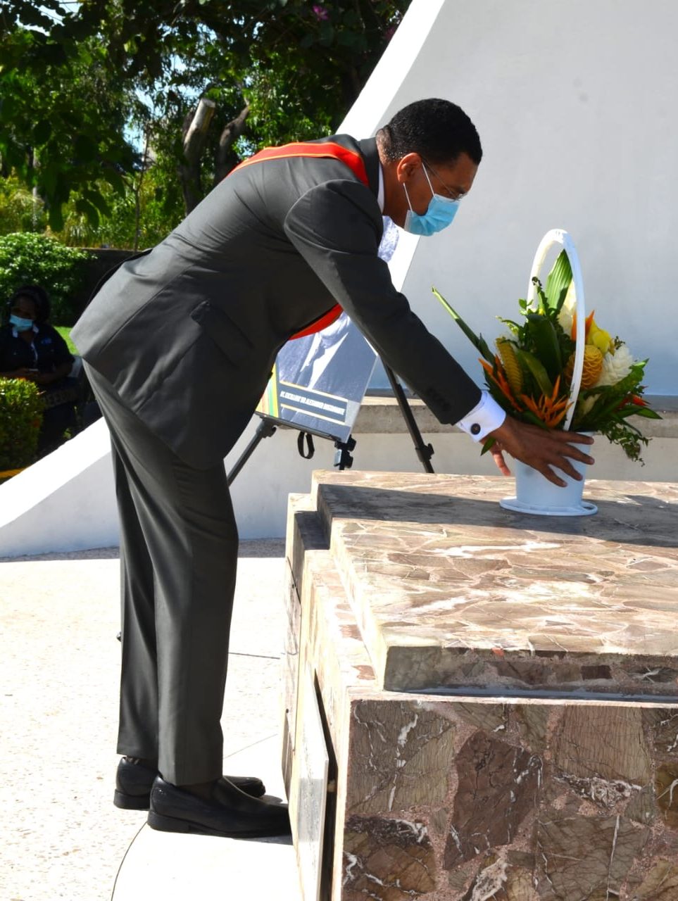 Prime Minister, the Most Hon. Andrew Holness, lays flowers at the shrine of National Hero, the Rt. Excellent Sir. Alexander Bustamante, during a ceremony at National Heroes’ Park in Kingston, on Monday (October 19). The event formed part of activities commemorating National Heroes’ Day. 


